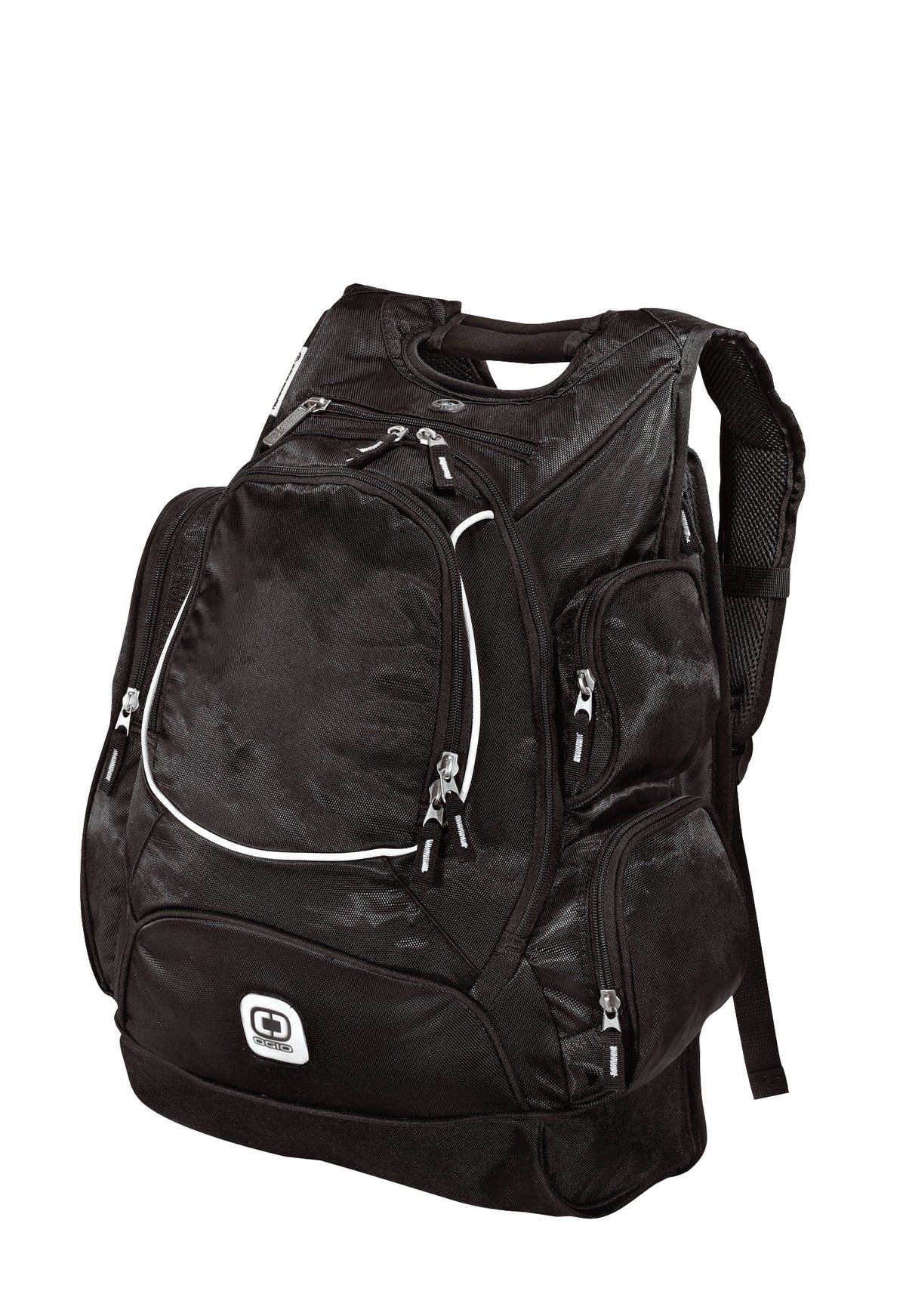 Black OGIO Bounty Hunter pack with multiple compartments and padded shoulder straps, front view showing organized storage pockets.