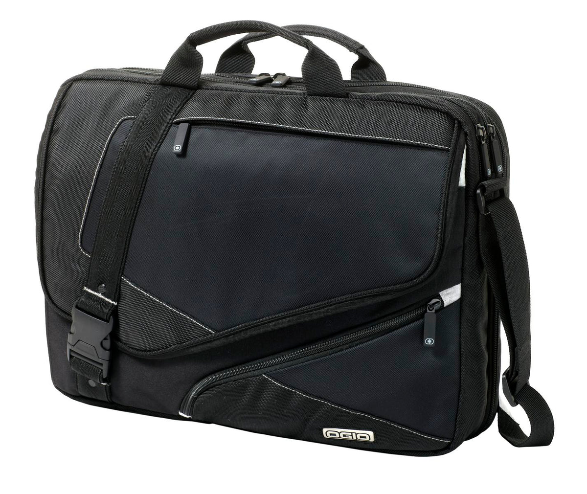 Black OGIO Voyager Messenger bag with adjustable strap and multiple compartments for portable organization.