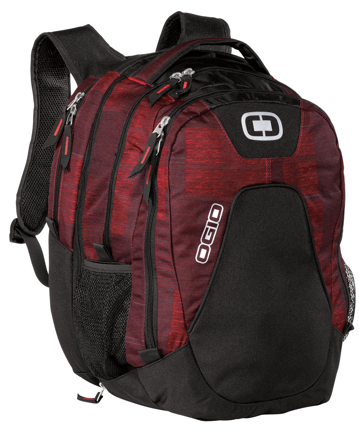 OGIO Juggernaut Pack in charcoal and red with multiple compartments and padded straps, designed for durable everyday use.