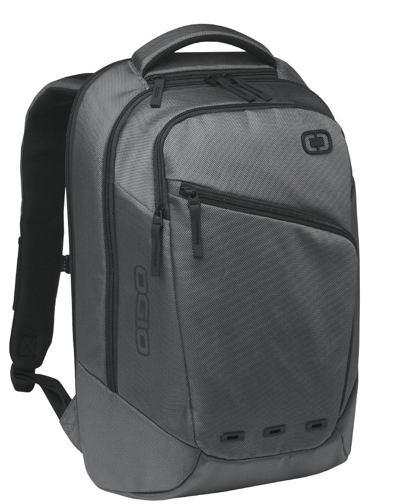 OGIO Ace Pack with metallic finish, durable backpack featuring multiple compartments and padded straps for comfortable carrying.