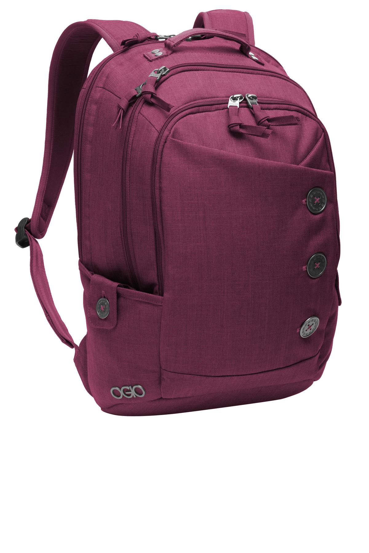 OGIO Ladies Melrose Pack in sunset color, front view showing multiple compartments and stylish design.