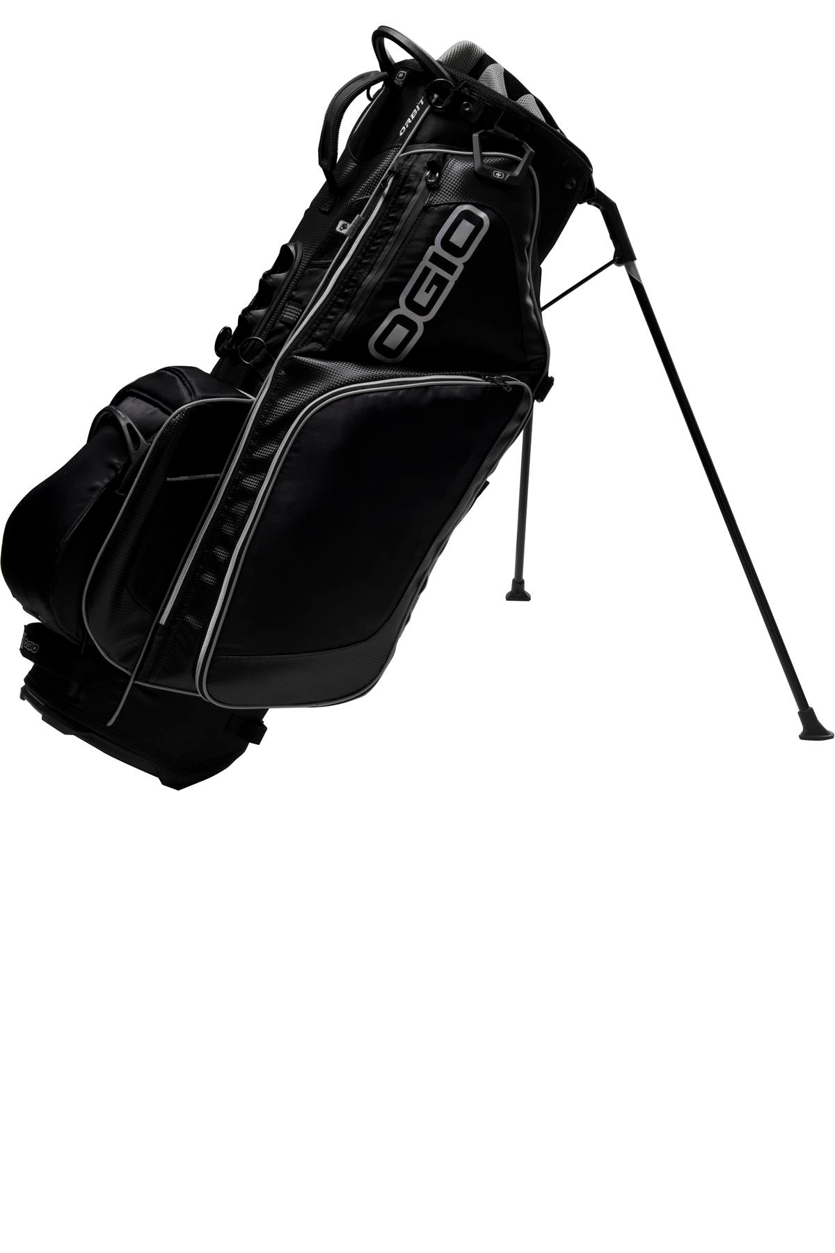 Black OGIO Orbit cart bag with multiple compartments and padded straps, designed for convenient golf course transportation.