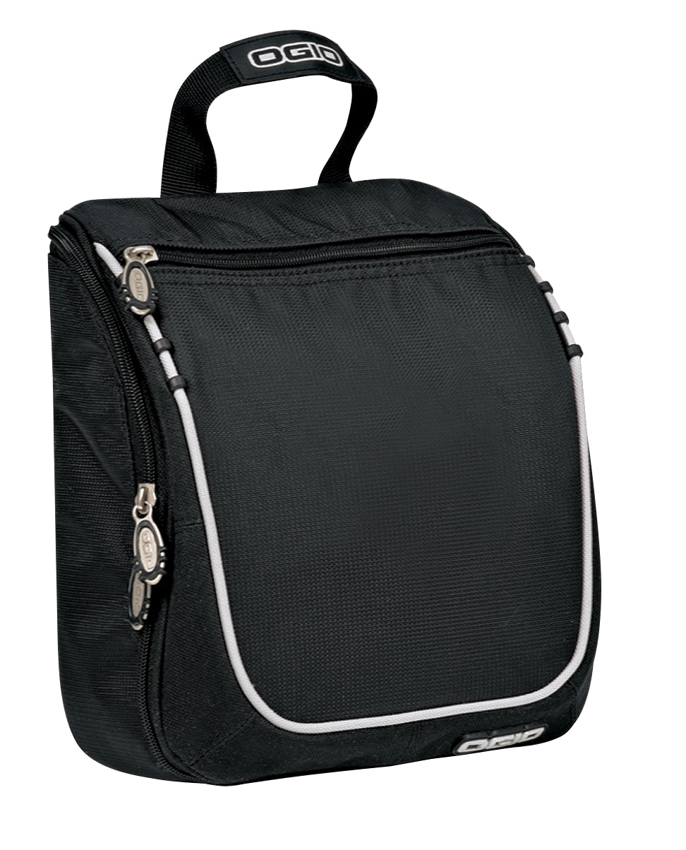 OGIO Doppler Kit in black, featuring multiple sections and compartments for organizing gear, shown in a detailed product image.