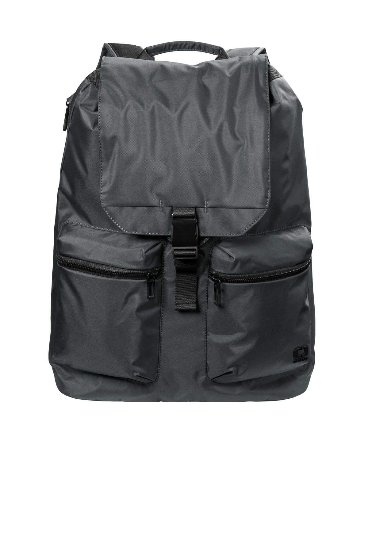OGIO Evolution Pack 91015 in tarmac grey with flat front design, showing multiple compartments and padded shoulder straps.