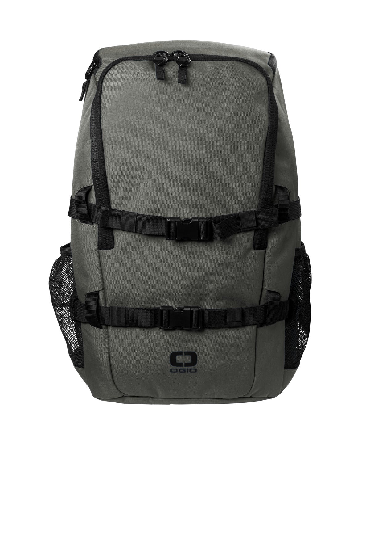 OGIO Street Pack 91016 in rogue grey, showing a close-up of the flat front view with multiple compartments and sleek design.
