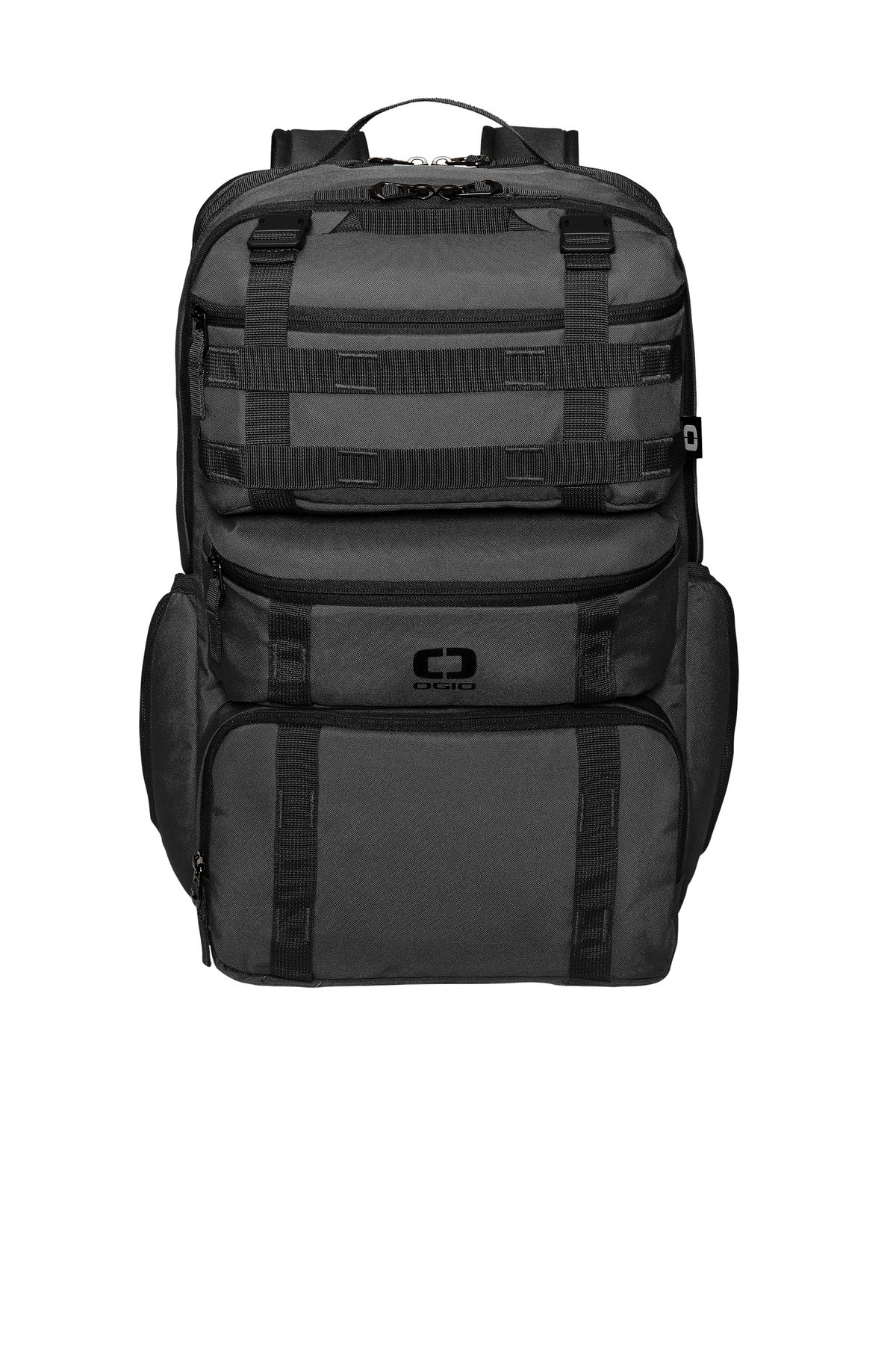 OGIO Utilitarian Modular Pack in storm grey, showing a sleek, versatile backpack with multiple compartments and adjustable straps.
