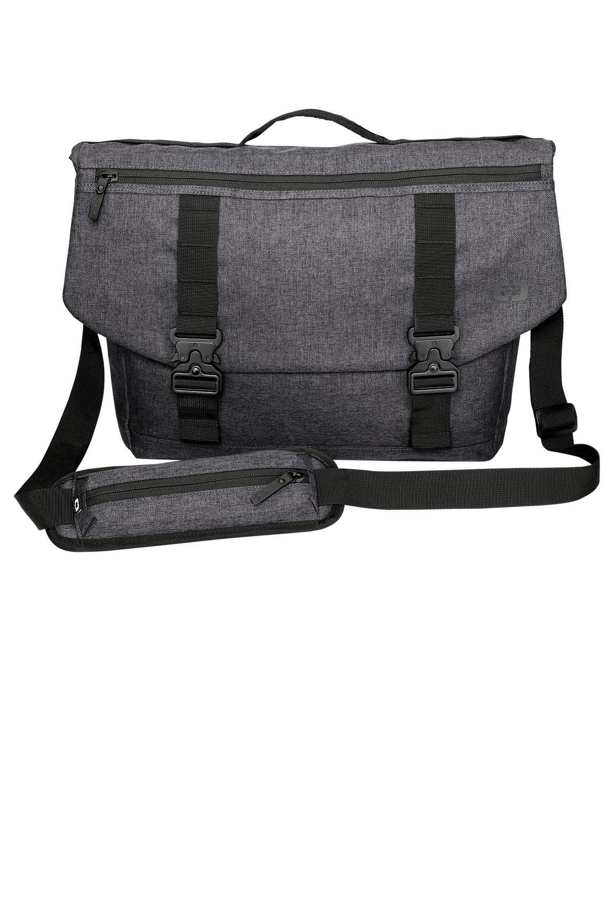 OGIO Command Messenger bag in tarmac grey heather, featuring a flat straight design with multiple compartments for organization.