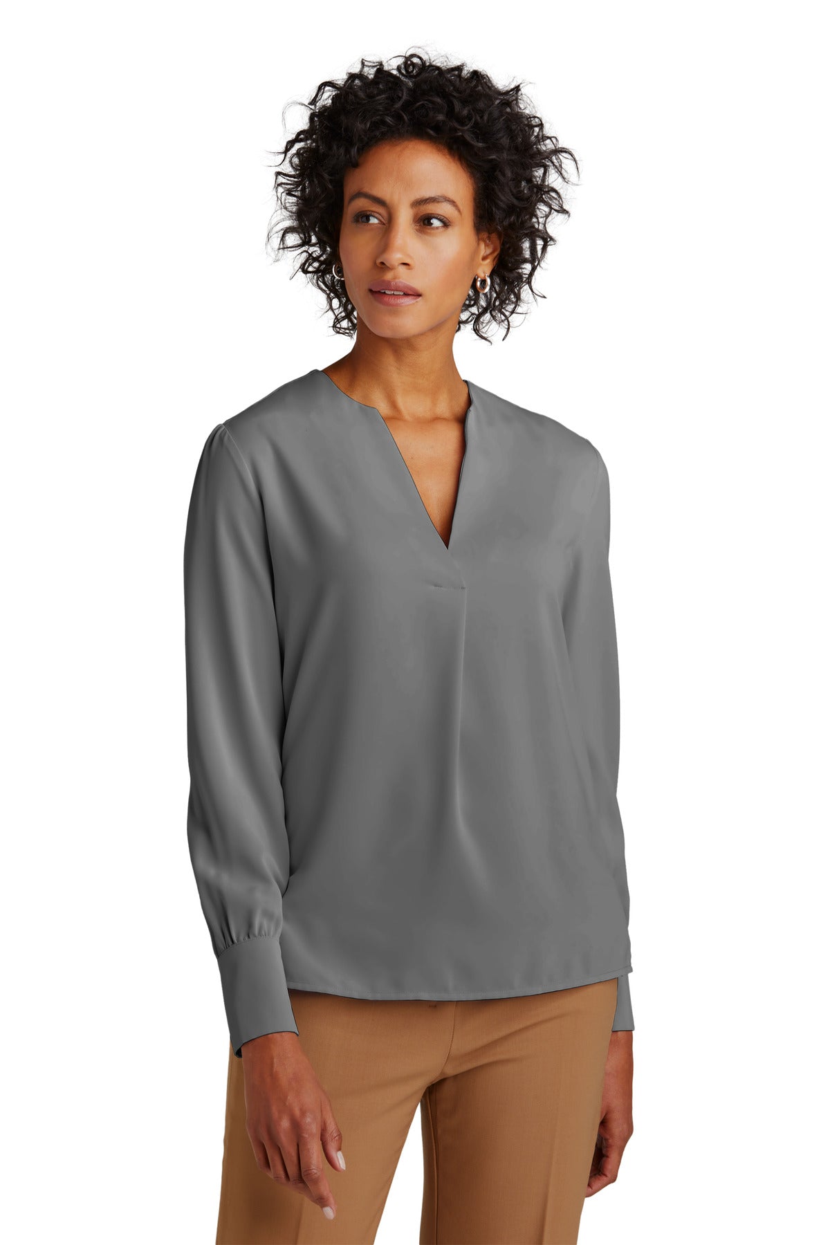 Brooks Brothers women's open-neck satin blouse in shadow grey, front view showcasing smooth fabric and elegant collar.