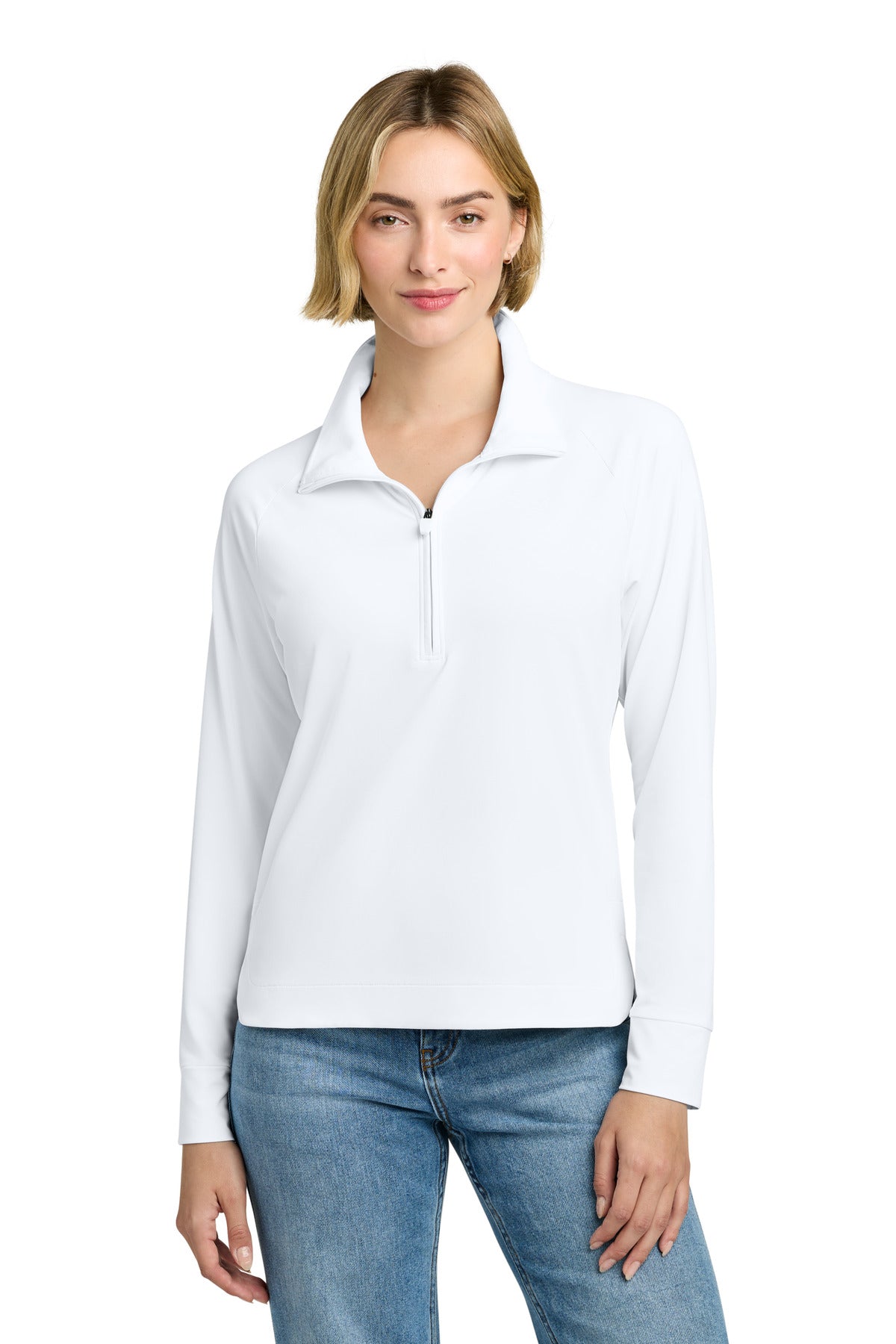 White Brooks Brothers women's Luxe Performance 1/4-zip top worn by a model, showcasing front view of the stylish, comfortable garment.