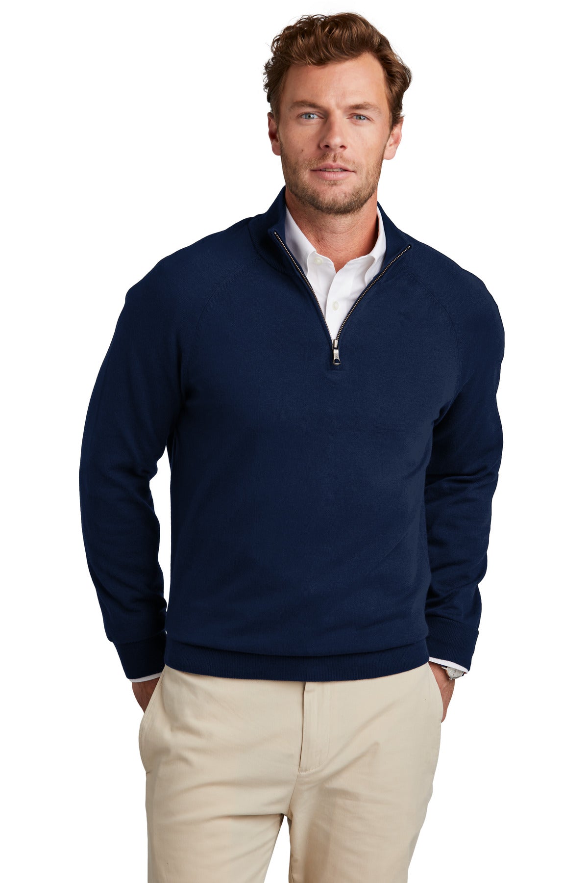 Brooks Brothers navy cotton stretch 1/4-zip sweater worn by a model, front view showcasing the classic design and fit.