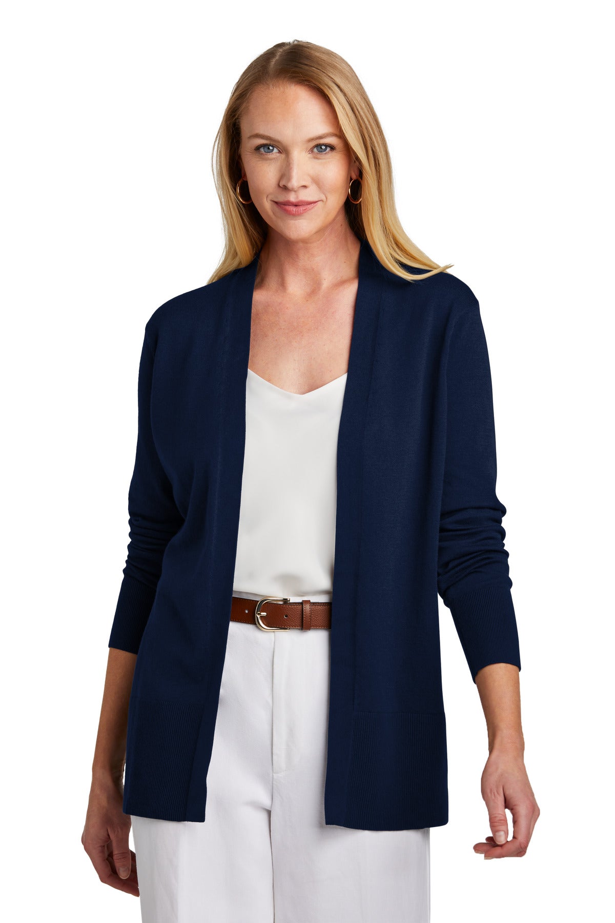 Brooks Brothers women's navy cotton stretch long cardigan sweater, front view showing button closure and soft fabric texture.