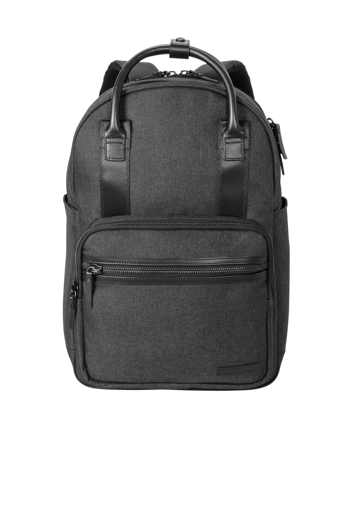 Brooks Brothers Grant dual-handle backpack in heather grey with a sleek design and dual top handles on a plain background.