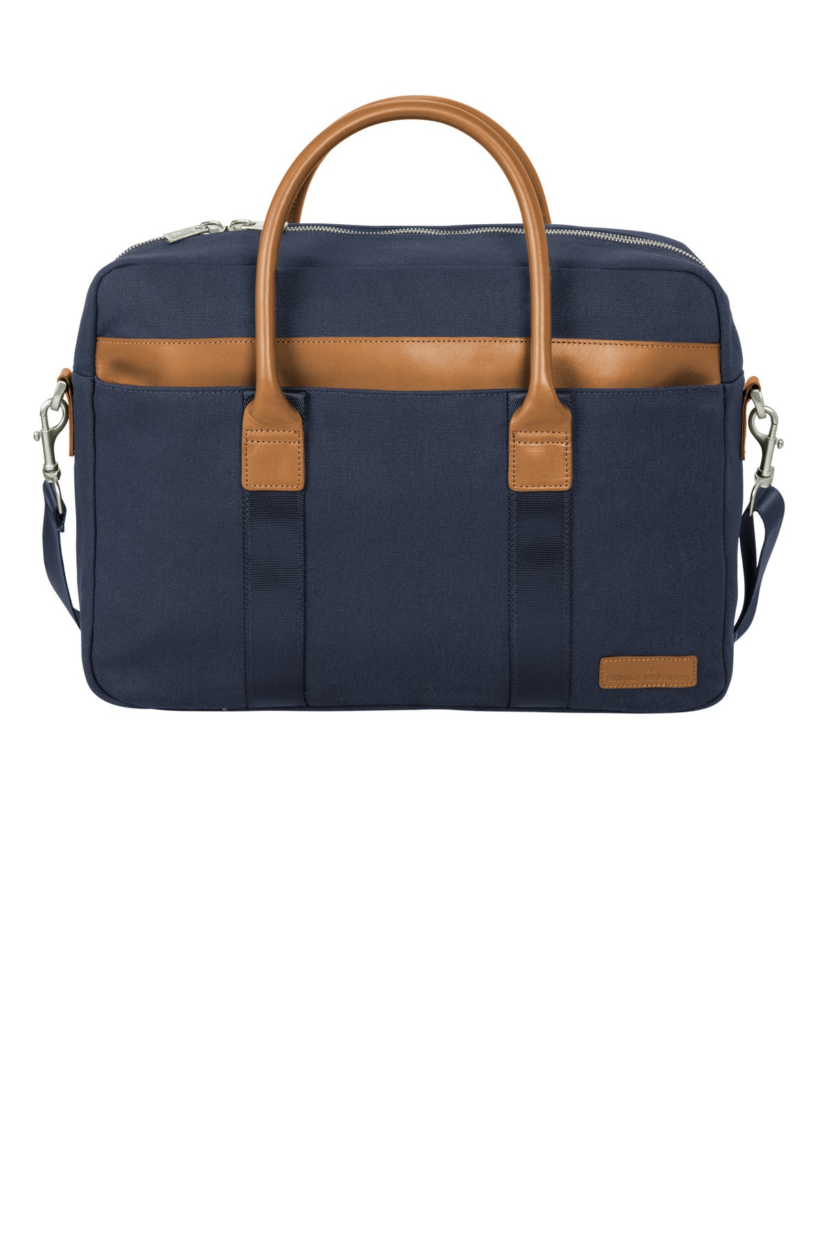 Navy Brooks Brothers Wells Briefcase BB18830 with leather handles and structured shape, suitable for professional use.