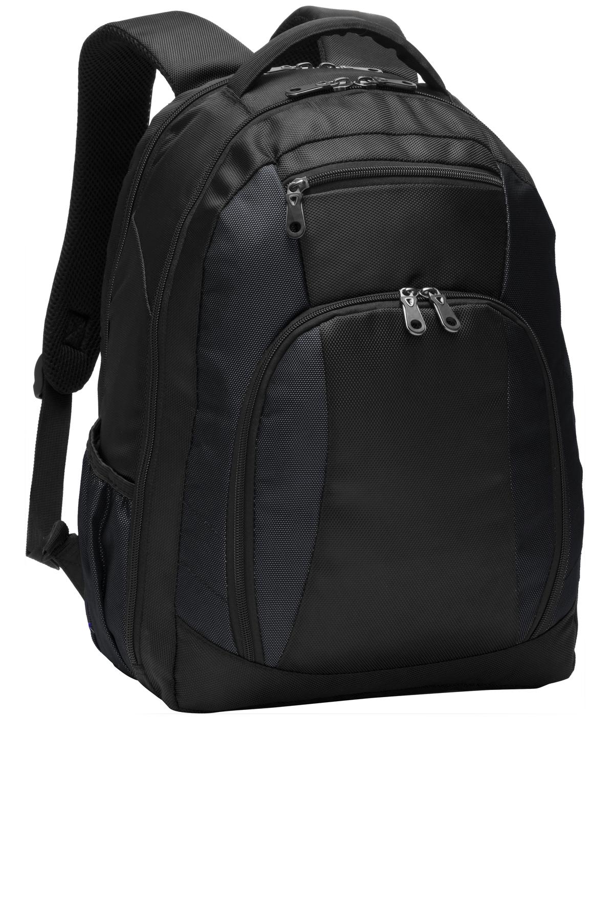 Black Port Authority Commuter Backpack with front zipper pocket and padded shoulder straps, view from front.