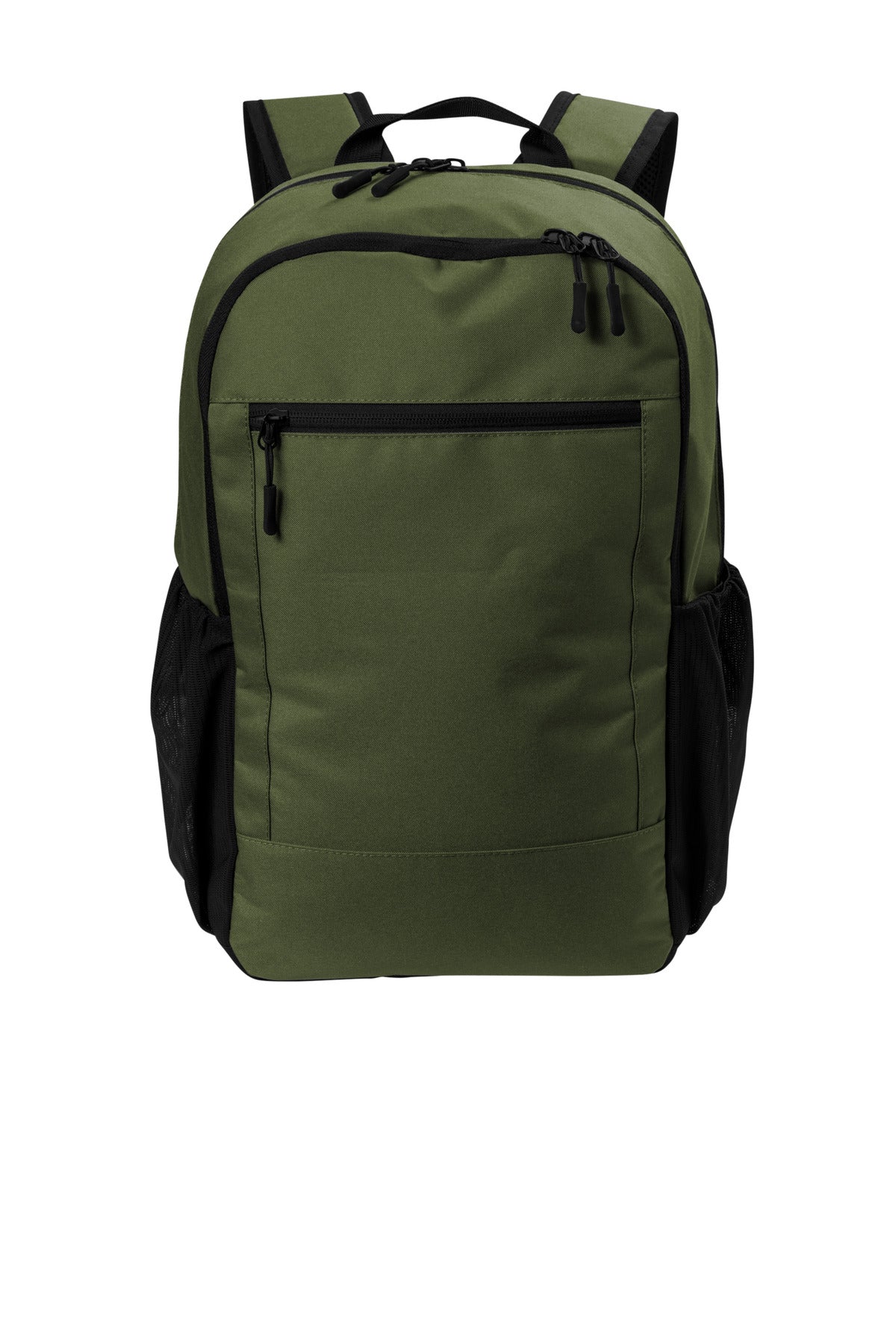 Olive green Port Authority Daily Commute Backpack with front flat pocket and adjustable straps, ideal for work or school.