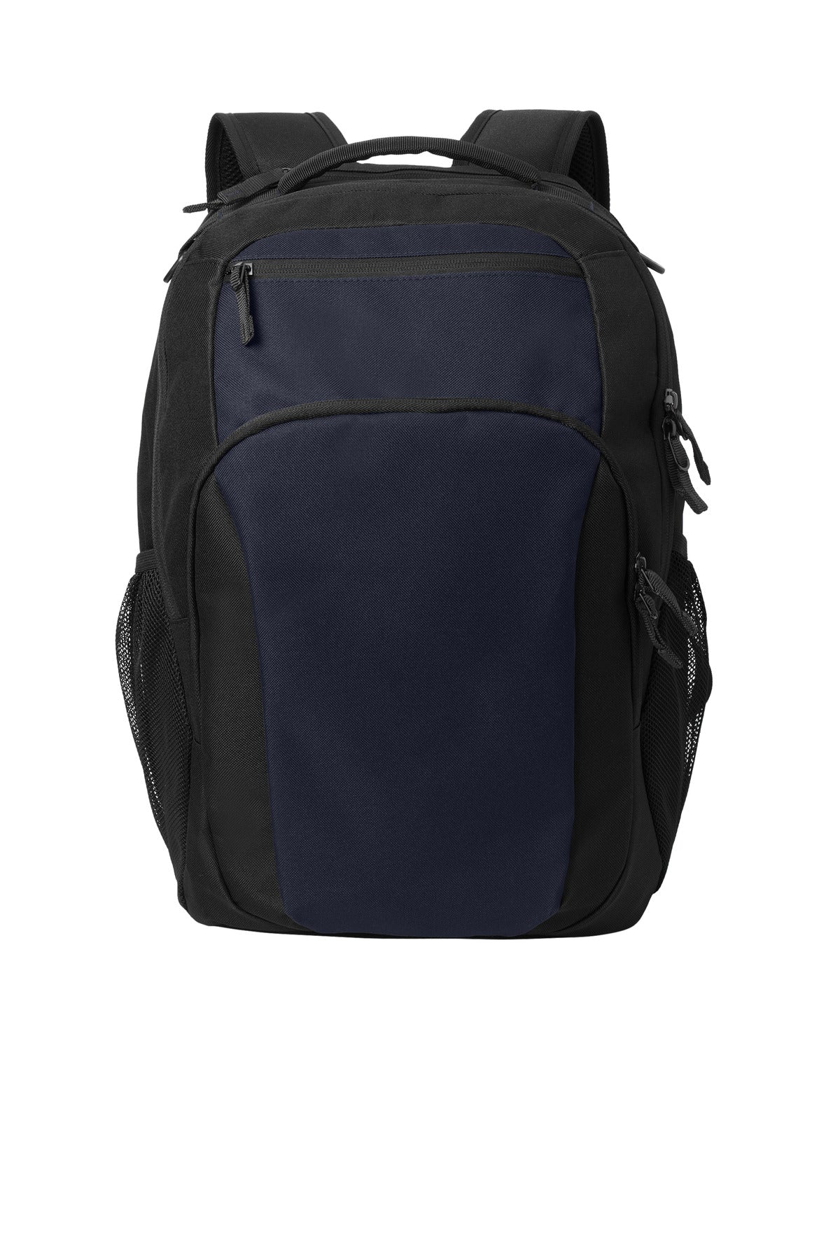 Port Authority Transport Backpack in true navy and black, featuring multiple compartments and padded shoulder straps.