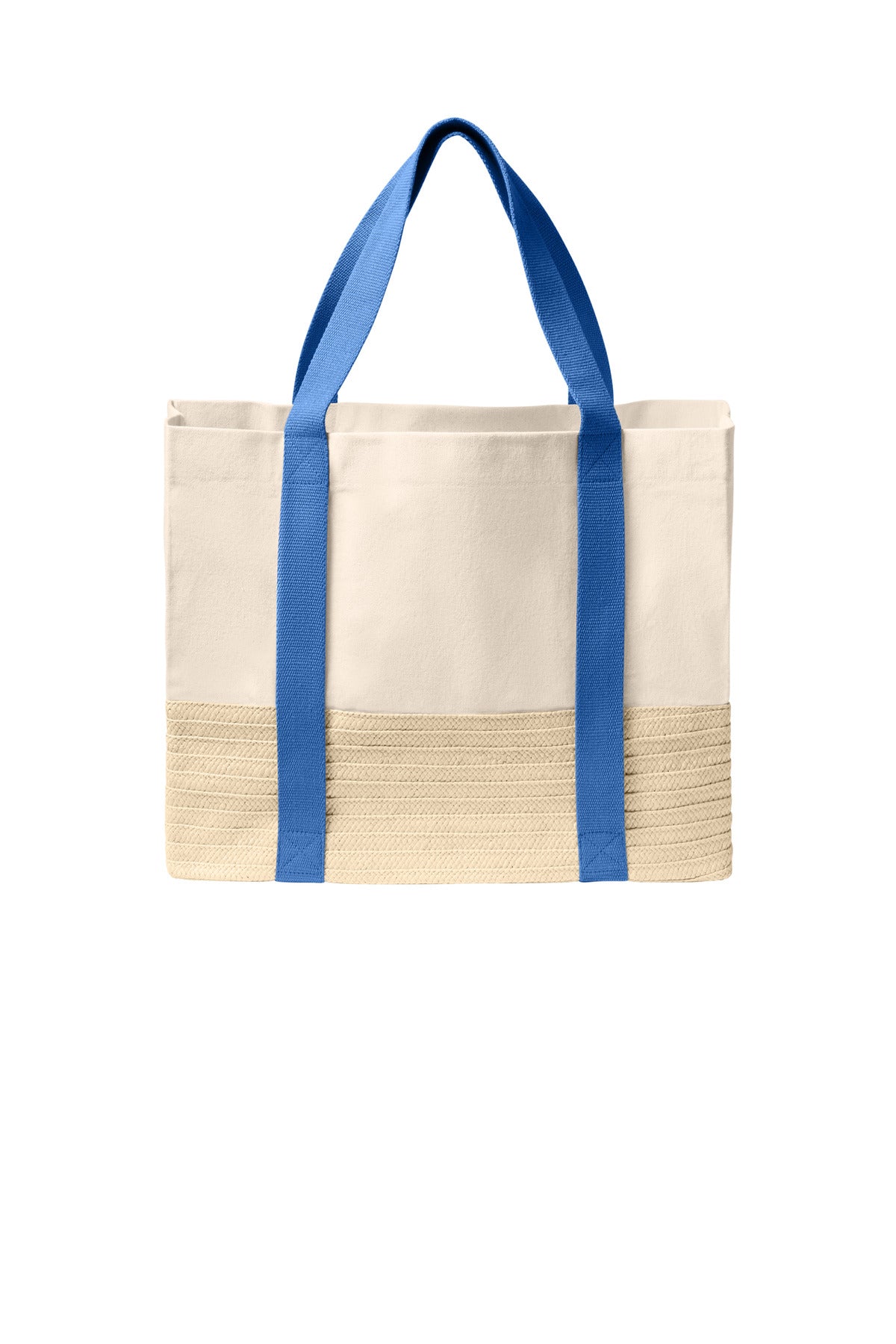 Port Authority Straw Market Tote bag in ultramarine blue with front view, showcasing its spacious design and sturdy handles.