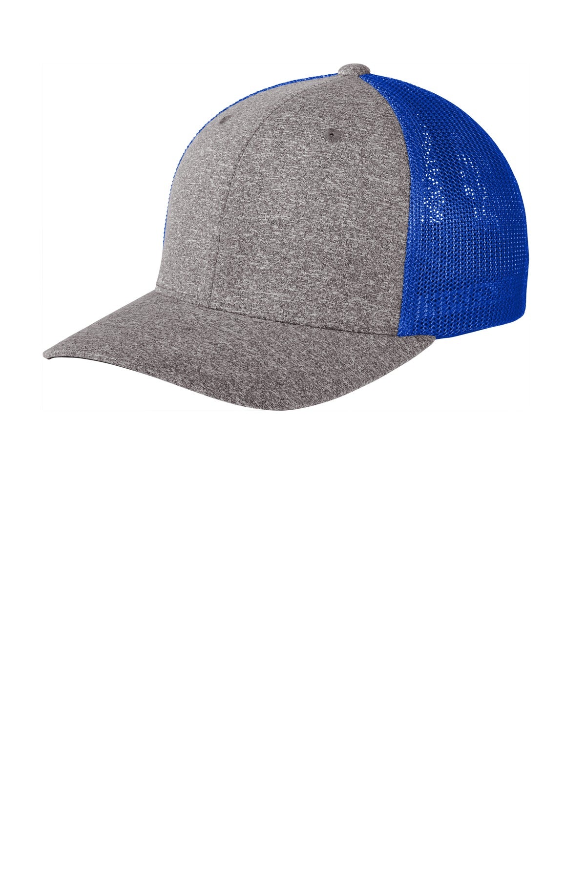 Port Authority Flexfit Melange Mesh Back Trucker Cap in true royal grey heather, showing the front view with mesh back and structured design.