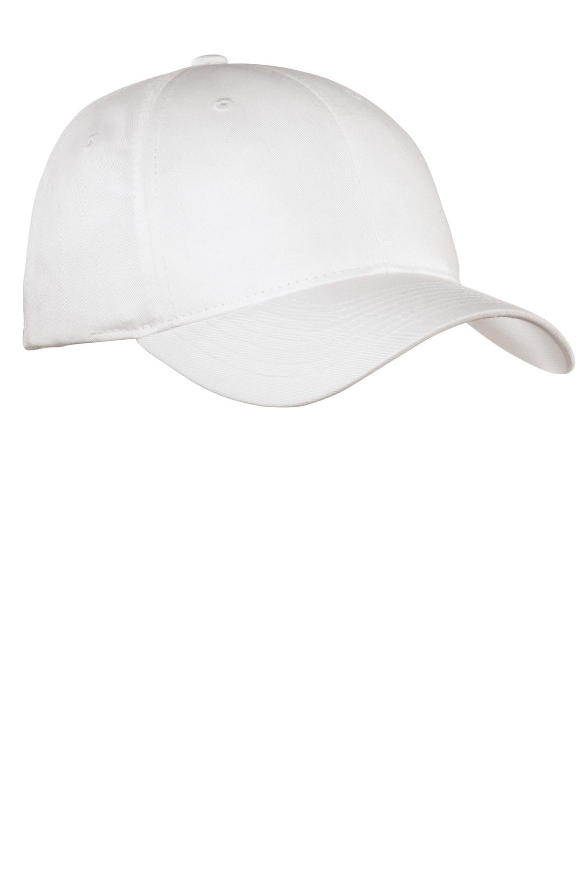 White Port Authority ® Fine Twill Cap featuring a classic design with a curved brim and adjustable strap for a comfortable fit.