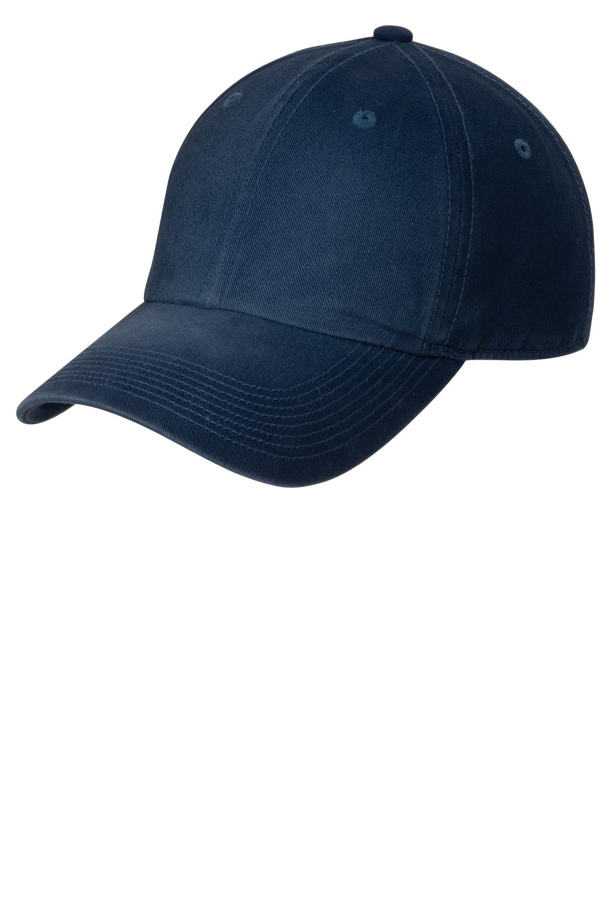 Navy Port Authority spray wash cap with front logo embroidery, adjustable strap, lightweight cotton fabric, casual style.