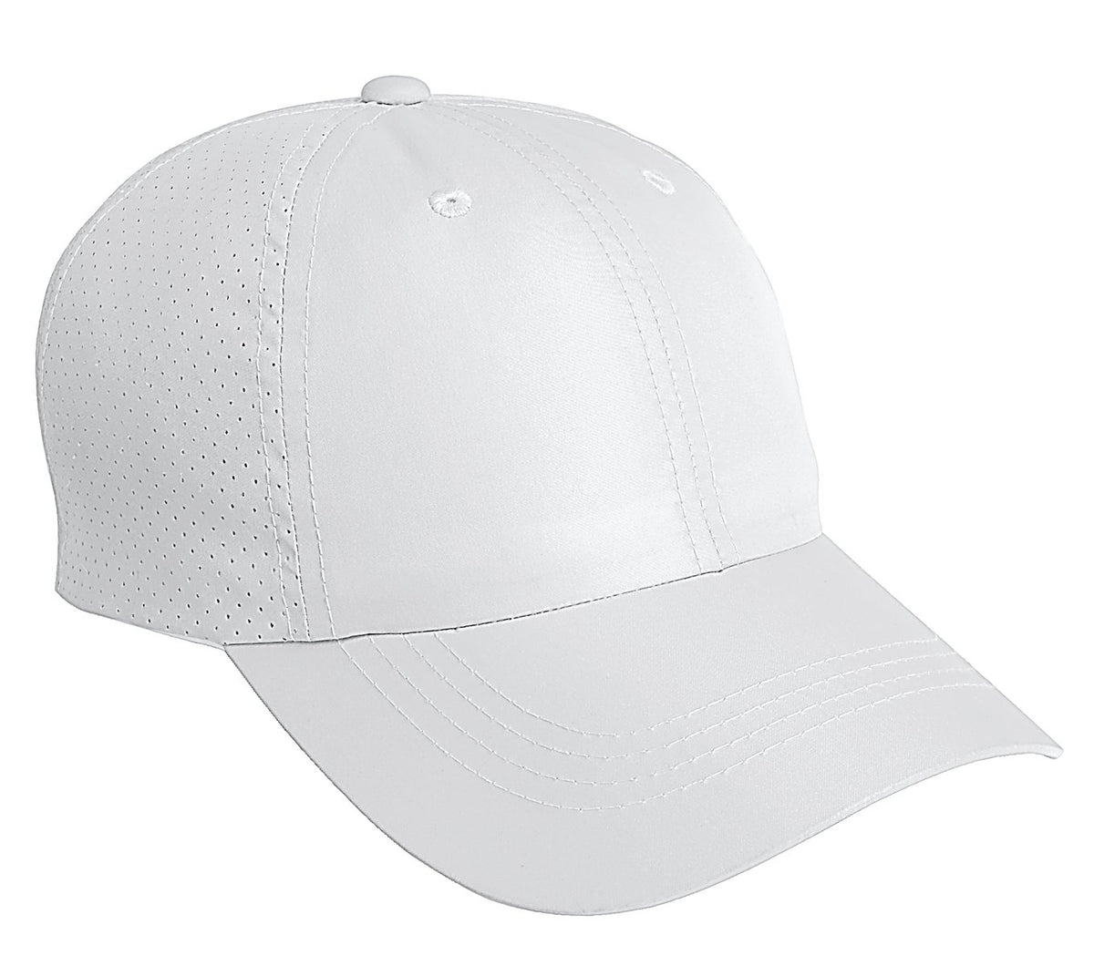White Port Authority perforated cap with breathable mesh panels, adjustable strap, and classic baseball style.