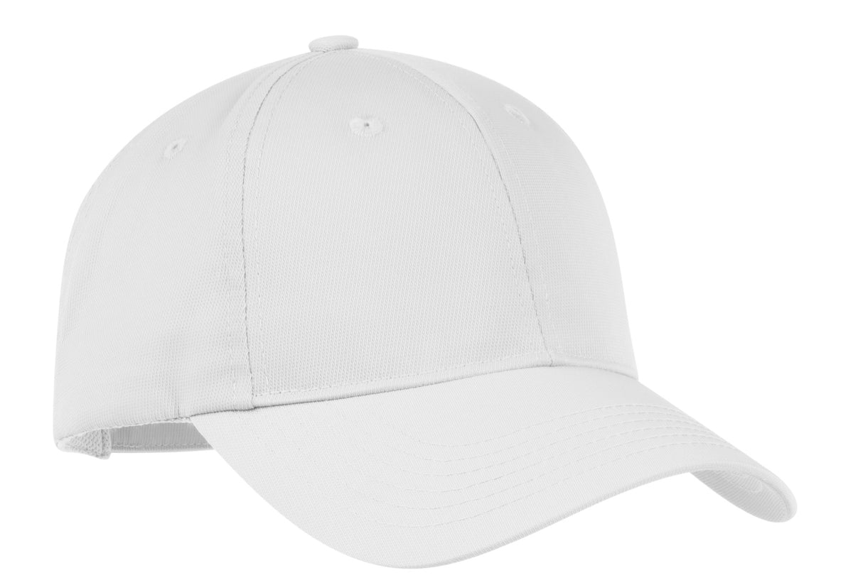 White Port Authority nylon twill performance cap, front view showing structured design and adjustable strap.