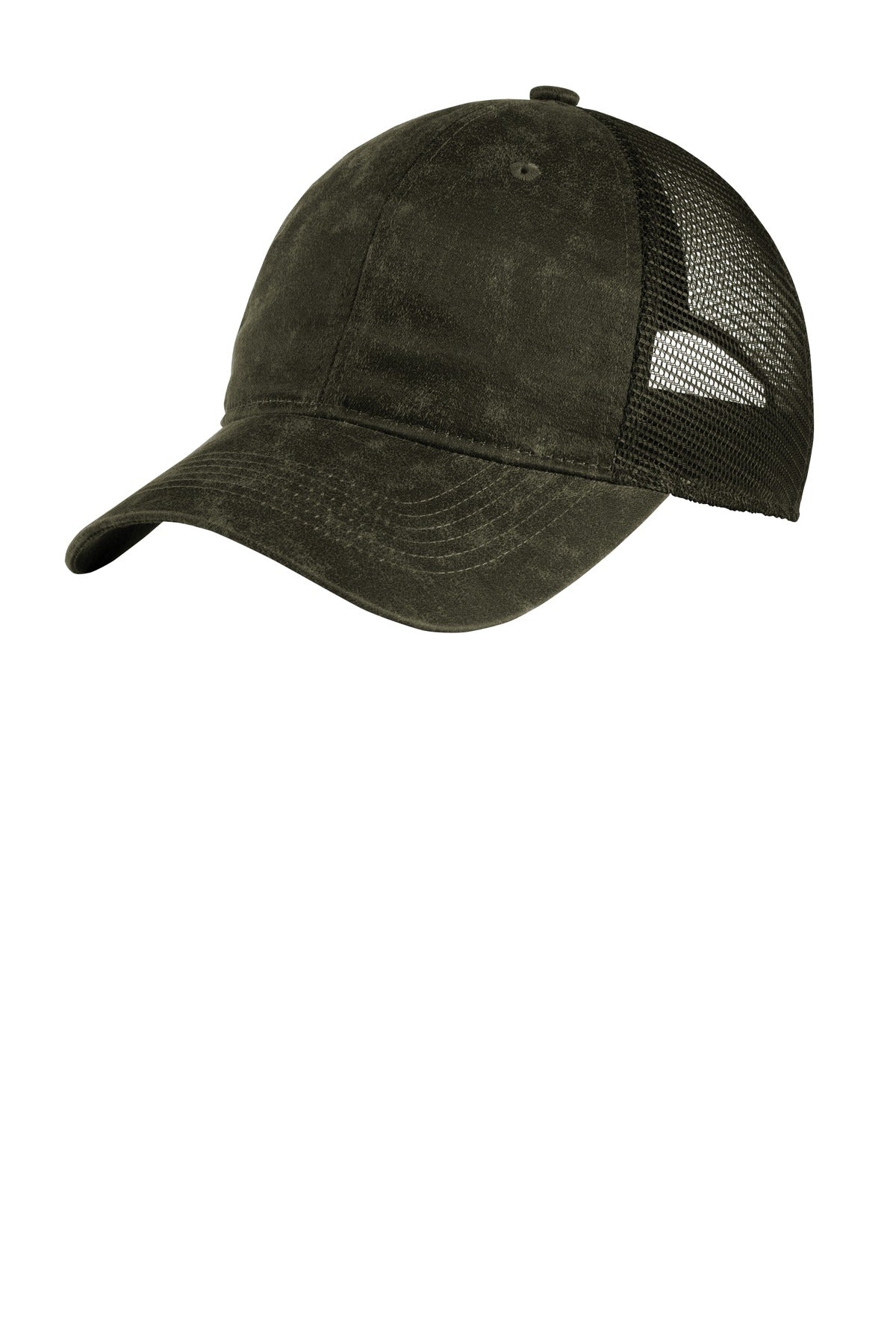 Olive green Port Authority pigment print mesh back cap with flat front, adjustable strap, and breathable design.