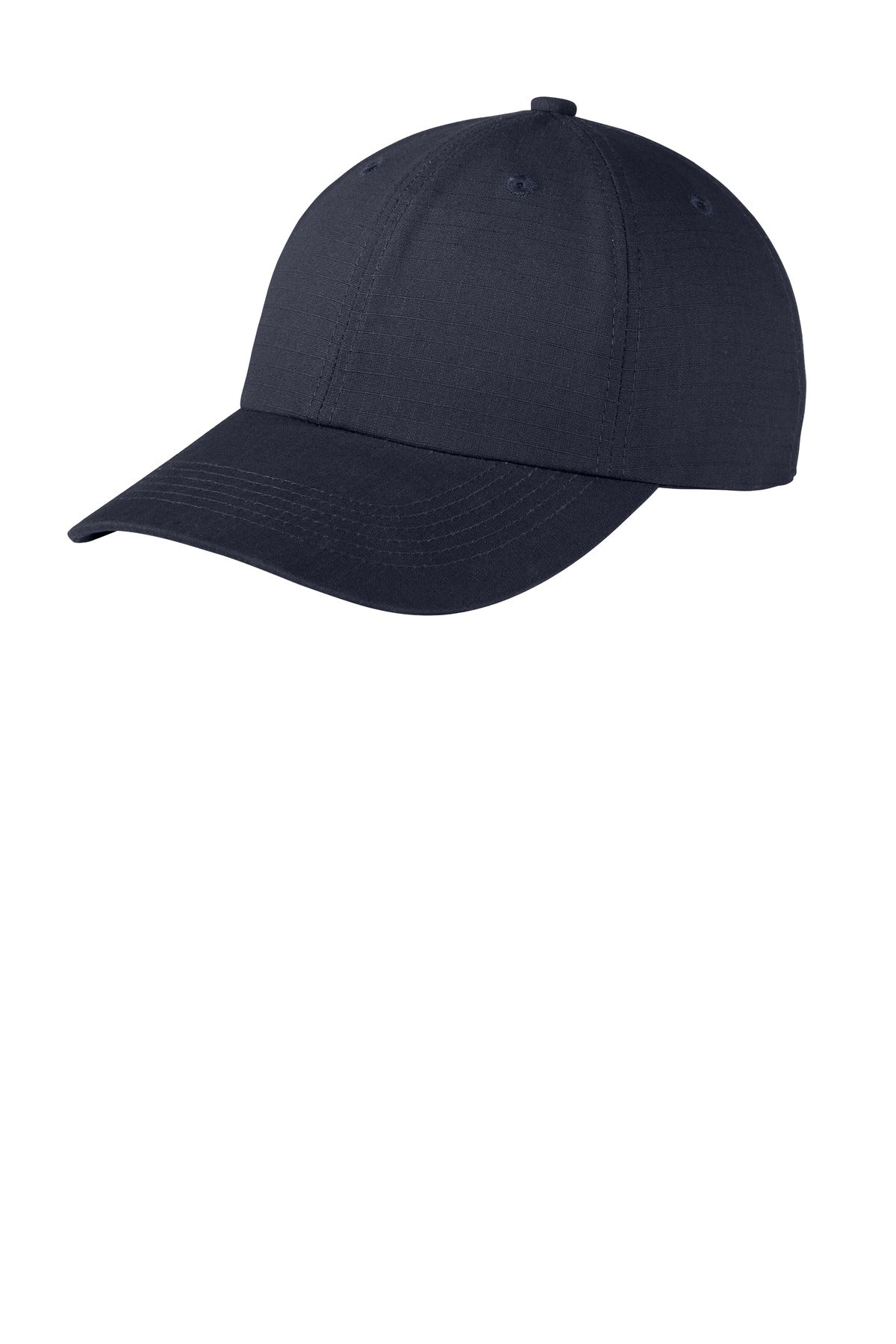 Port Authority Ripstop Cap in river blue and navy with a flat front, lightweight and durable for outdoor or casual wear.