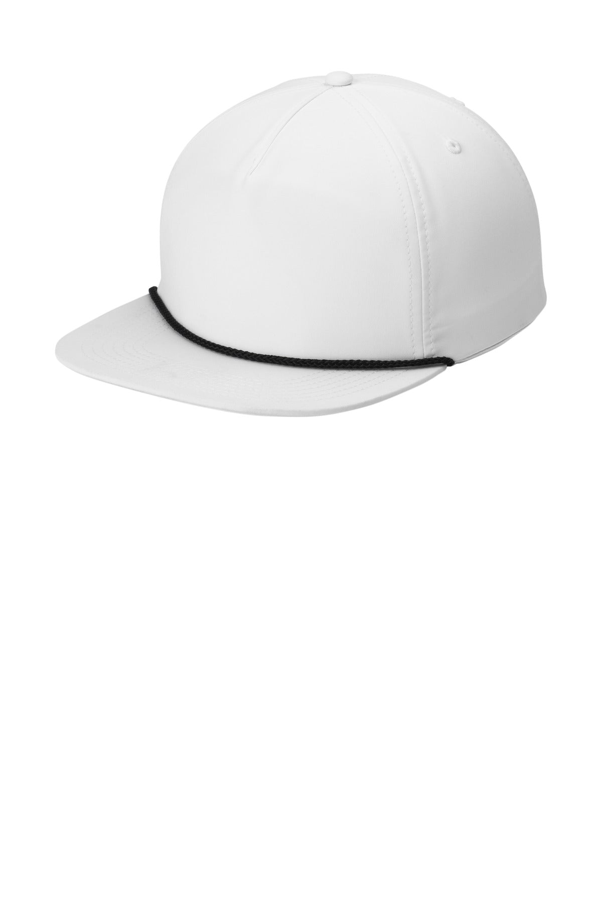 White and black Port Authority 5-panel poly rope cap, front view showing adjustable strap and embroidered logo.