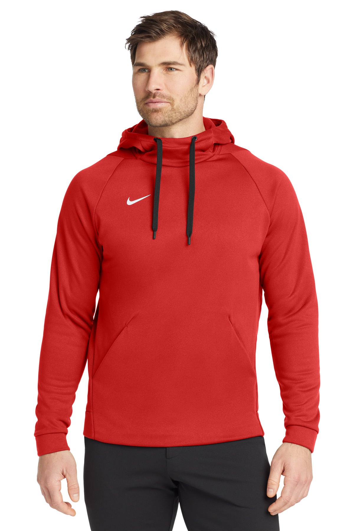 Nike Therma-FIT fleece hoodie in scarlet red, front view showing the pullover design and Nike logo on the chest.