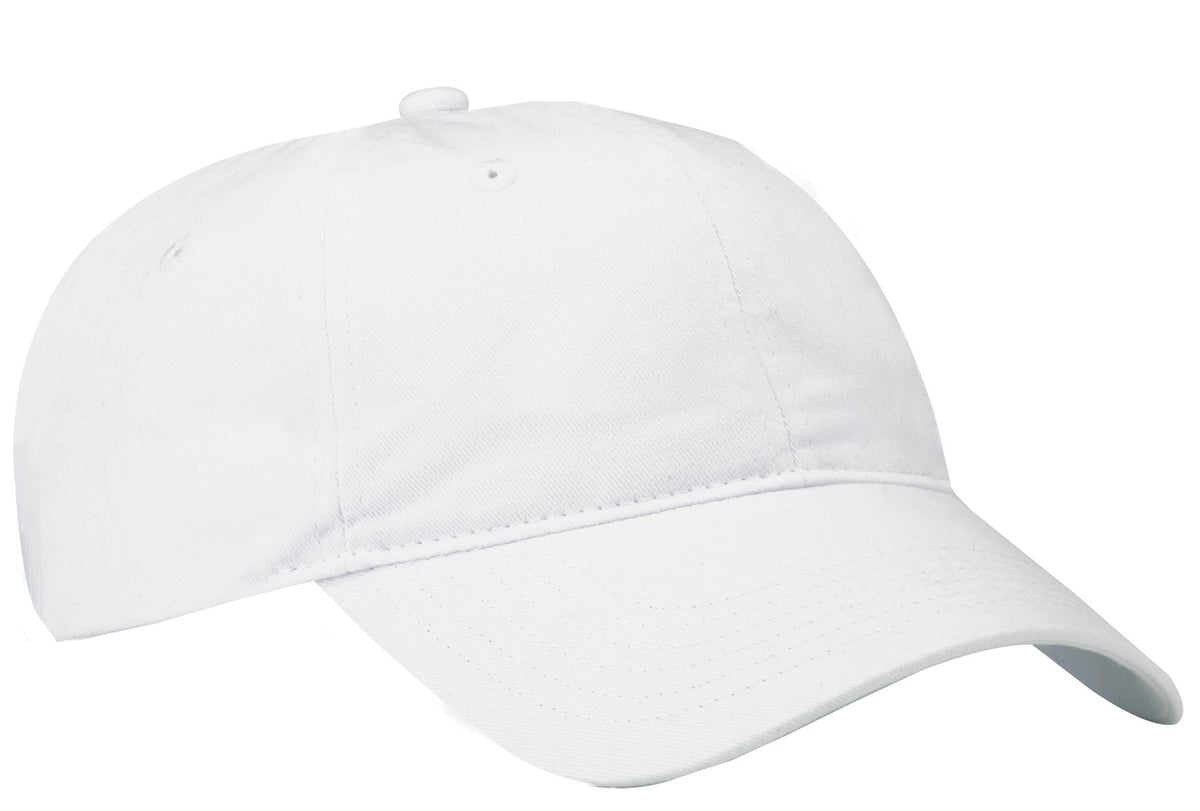 White Port Authority Brushed Twill Low Profile Cap with curved brim and adjustable strap, front view.
