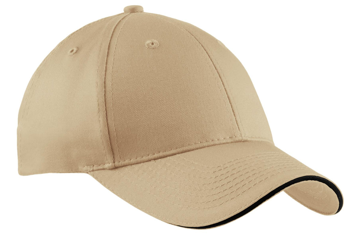 Port Authority cotton twill sandwich bill cap in stone color, flat front design, stylish and comfortable men's hat.