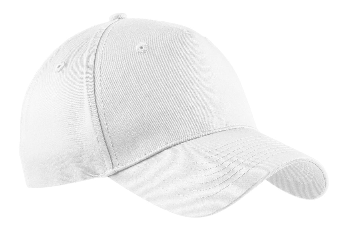 White Port Authority five-panel twill cap with flat front, showcasing a casual and stylish headwear design.