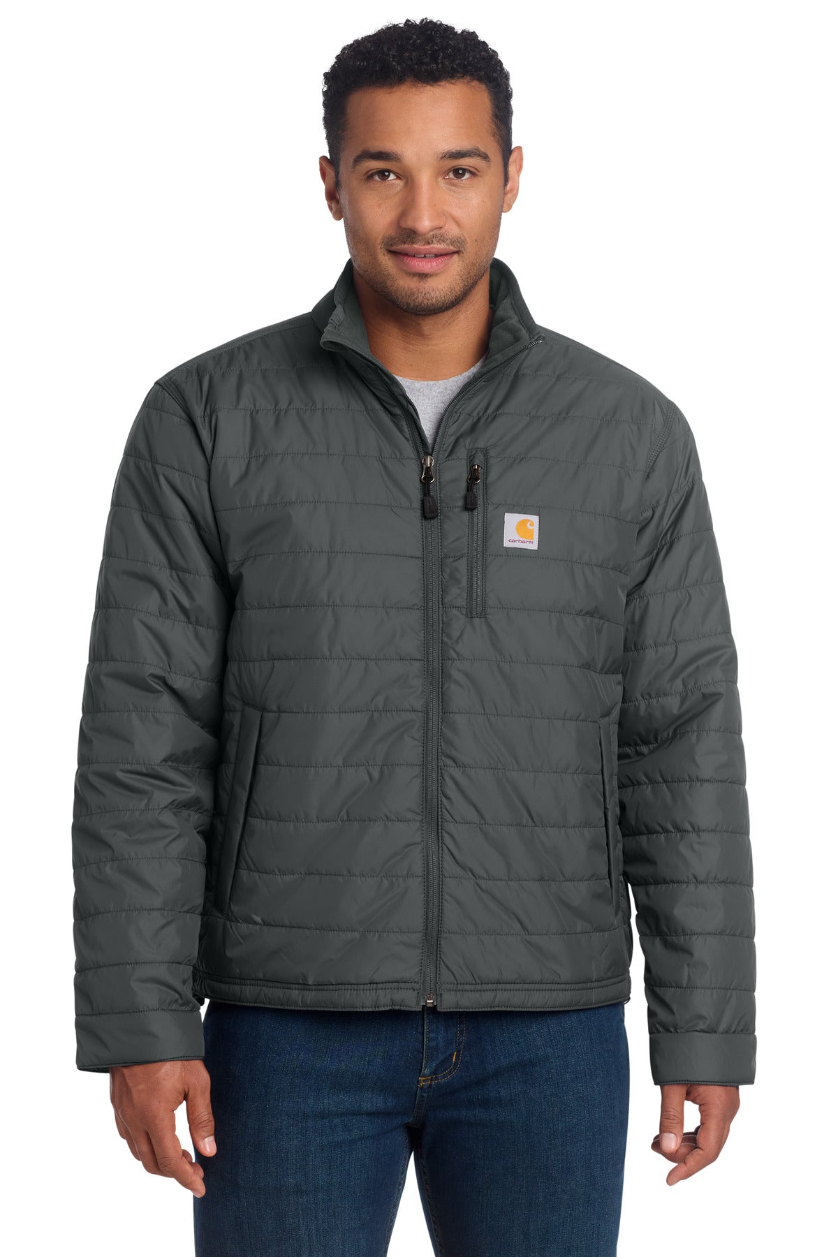 Carhartt Gilliam Jacket in shadow grey worn by a model, front view showcasing durable fabric and classic workwear style.