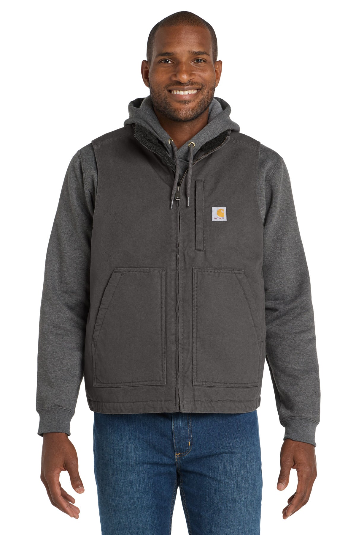 Carhartt Sherpa-lined mock neck vest in gravel, front view showing cozy fleece lining and durable outer fabric.
