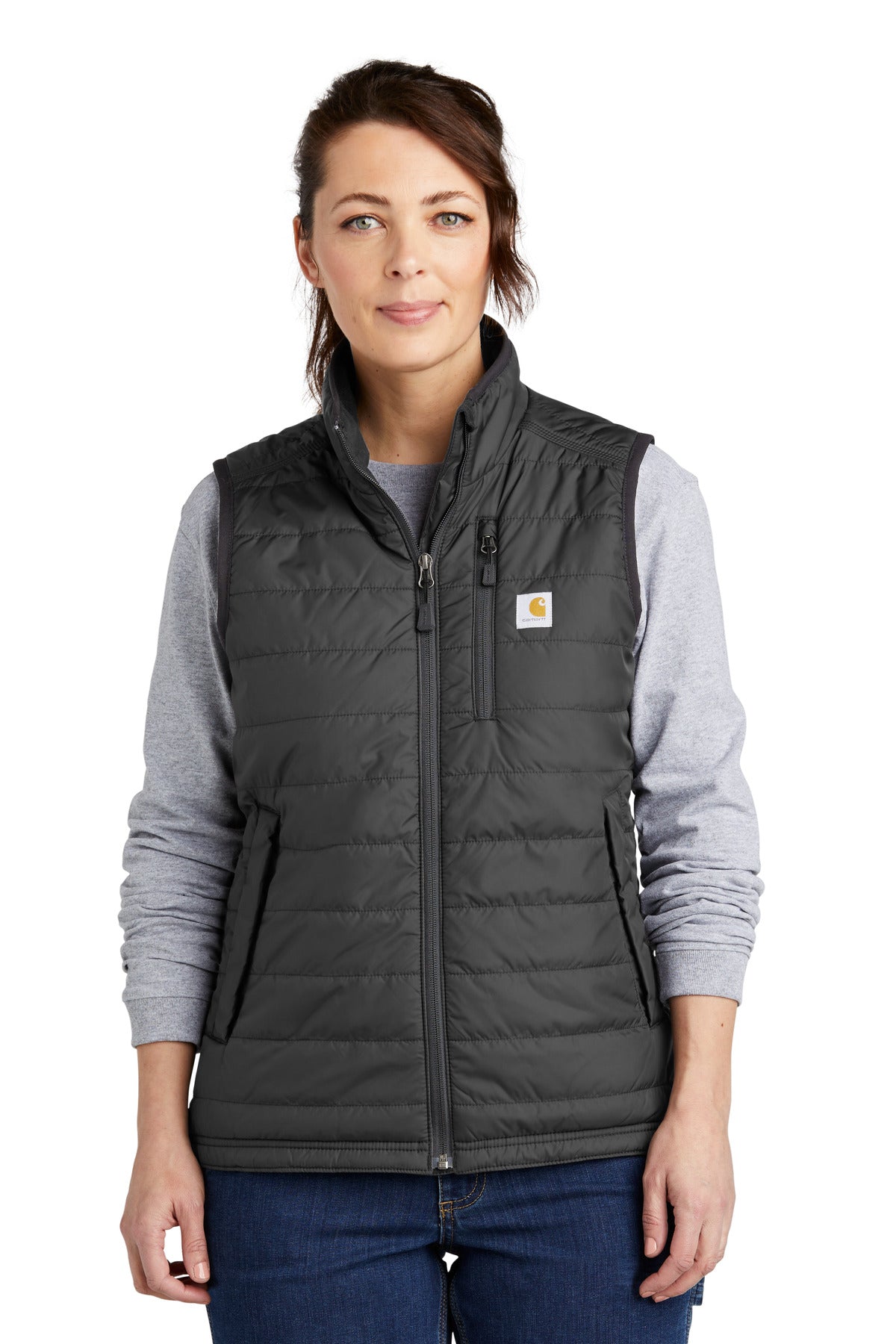Carhartt Women's Gilliam Vest in shadow grey, front view showing quilted design and durable fabric, outdoor workwear style.