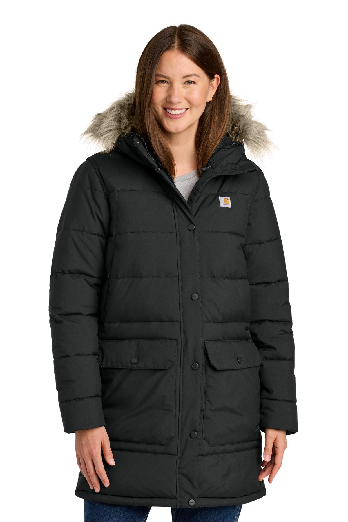 Black Carhartt Women's Montana Insulated Hooded Coat front view, showcasing the warm, insulated design and hood detail.