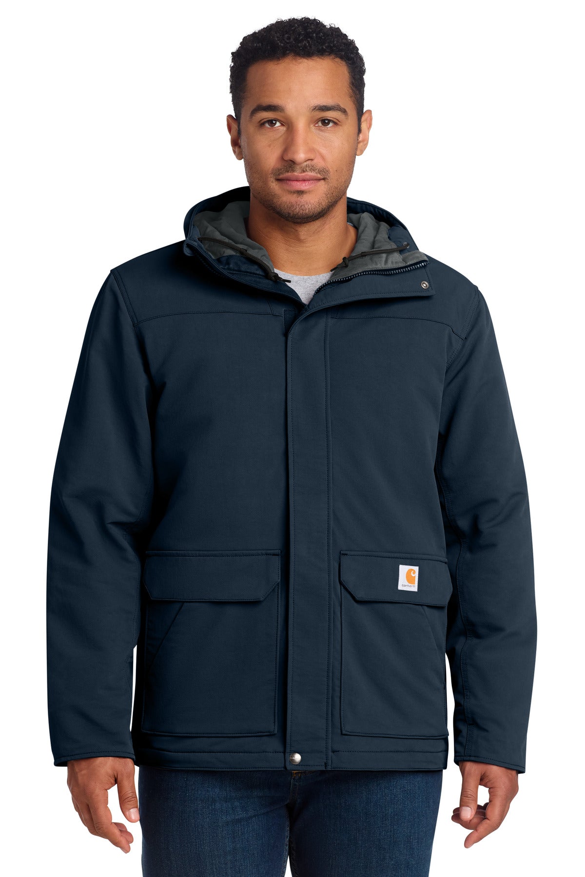 Carhartt Super Dux insulated hooded coat in navy, front view showing durable fabric, insulated hood, and front zipper.