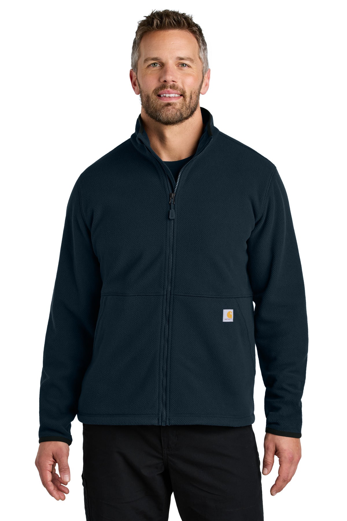 Navy Carhartt textured full-zip fleece jacket model front view showing ribbed collar and zip closure.