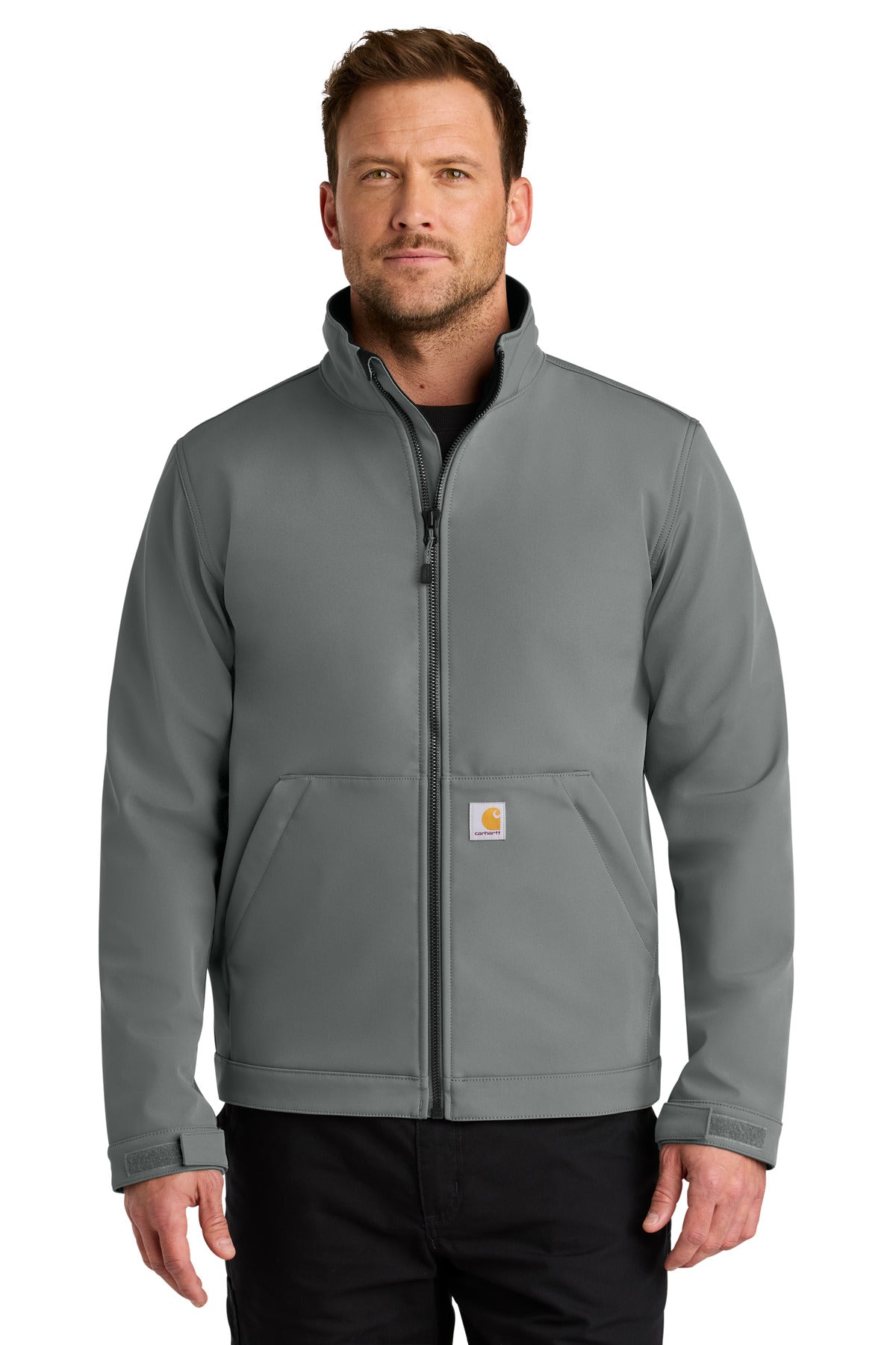 Carhartt Rain Defender soft shell jacket in steel color, front view showing durable fabric and full zip closure.