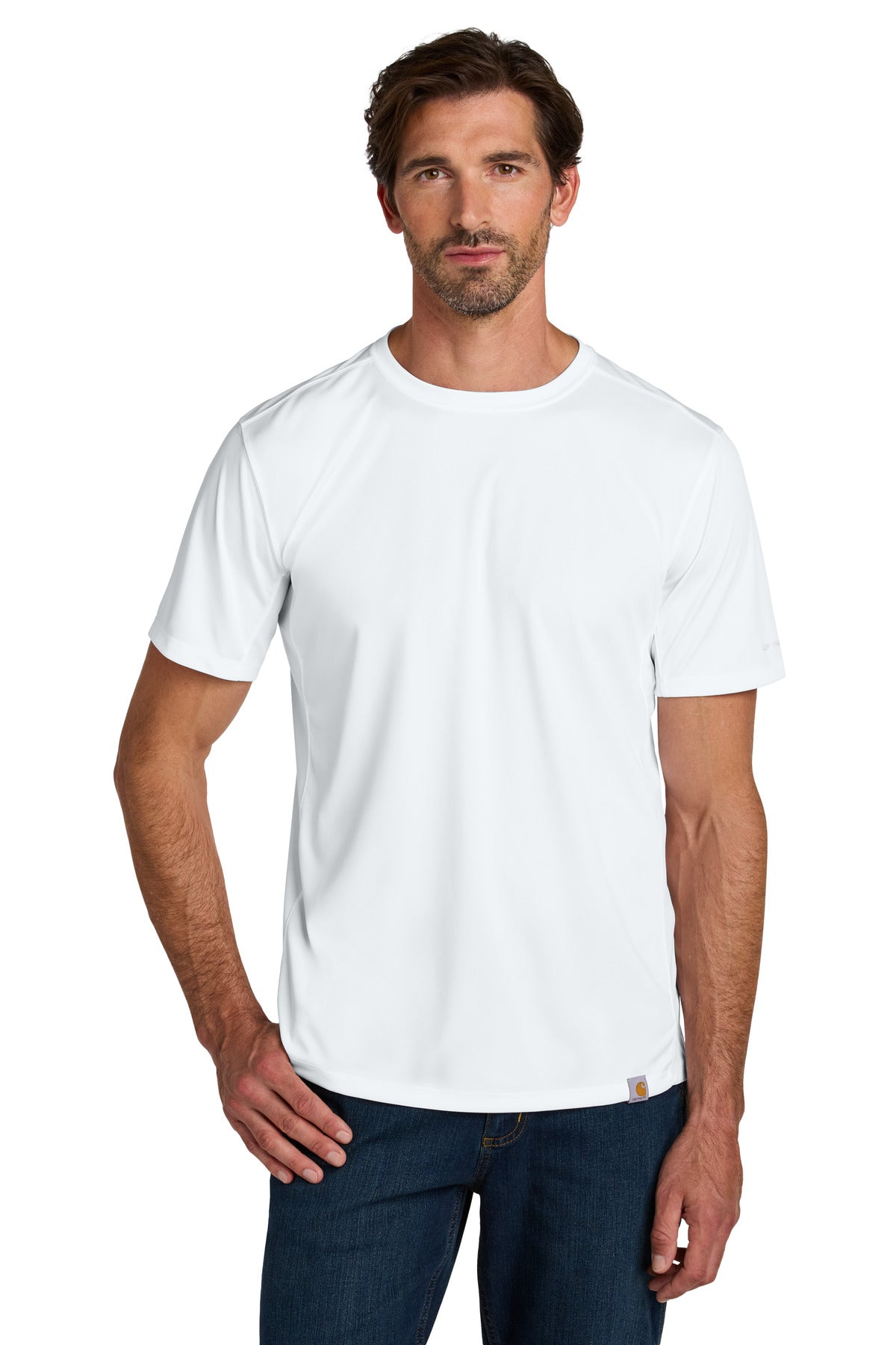 White Carhartt Force Sun Defender short sleeve T-shirt worn by a model, showcasing the front view of the lightweight, breathable work shirt.