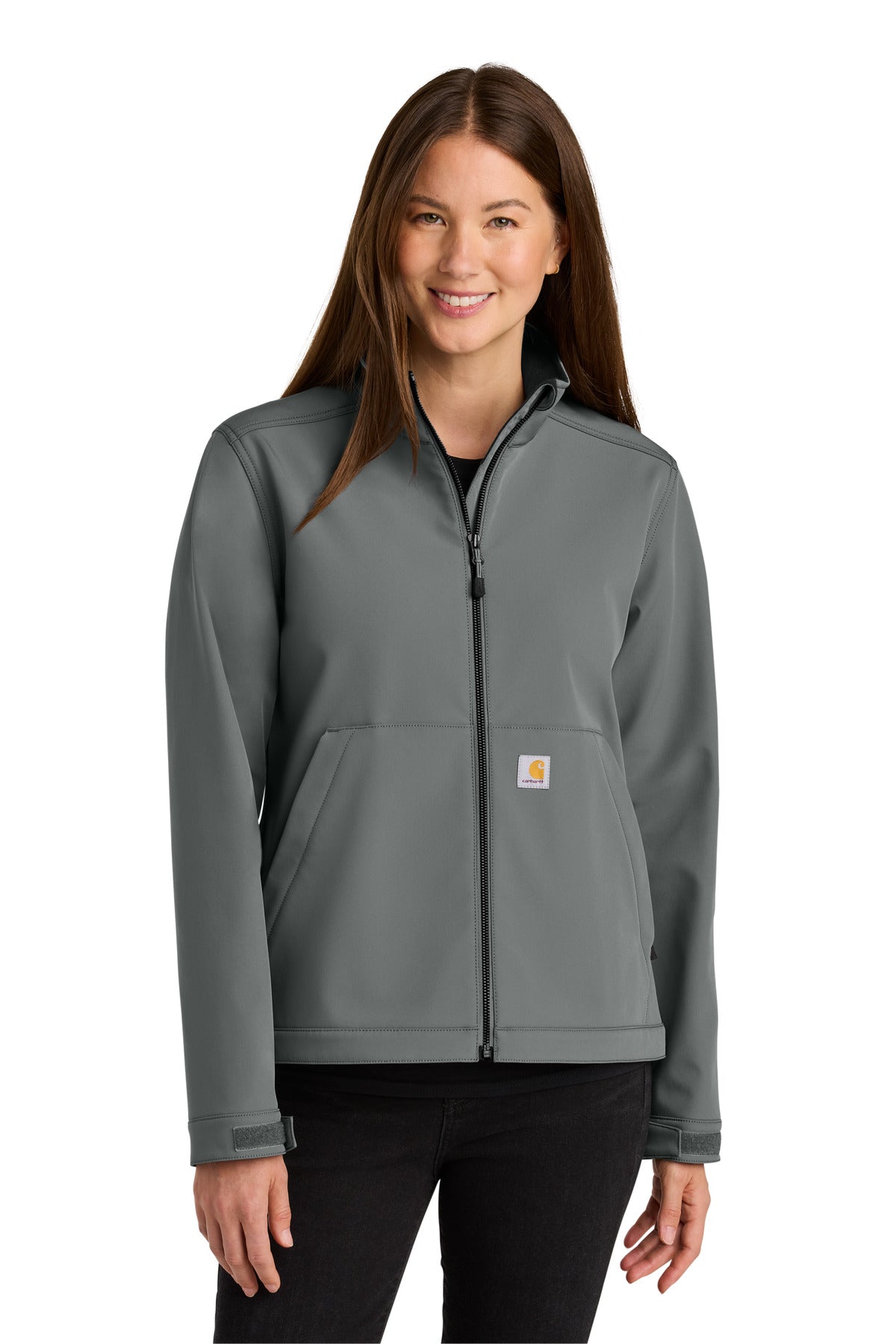 Carhartt Women's Rain Defender Soft Shell Jacket in steel color, front view showing durable water-resistant fabric and fitted design.