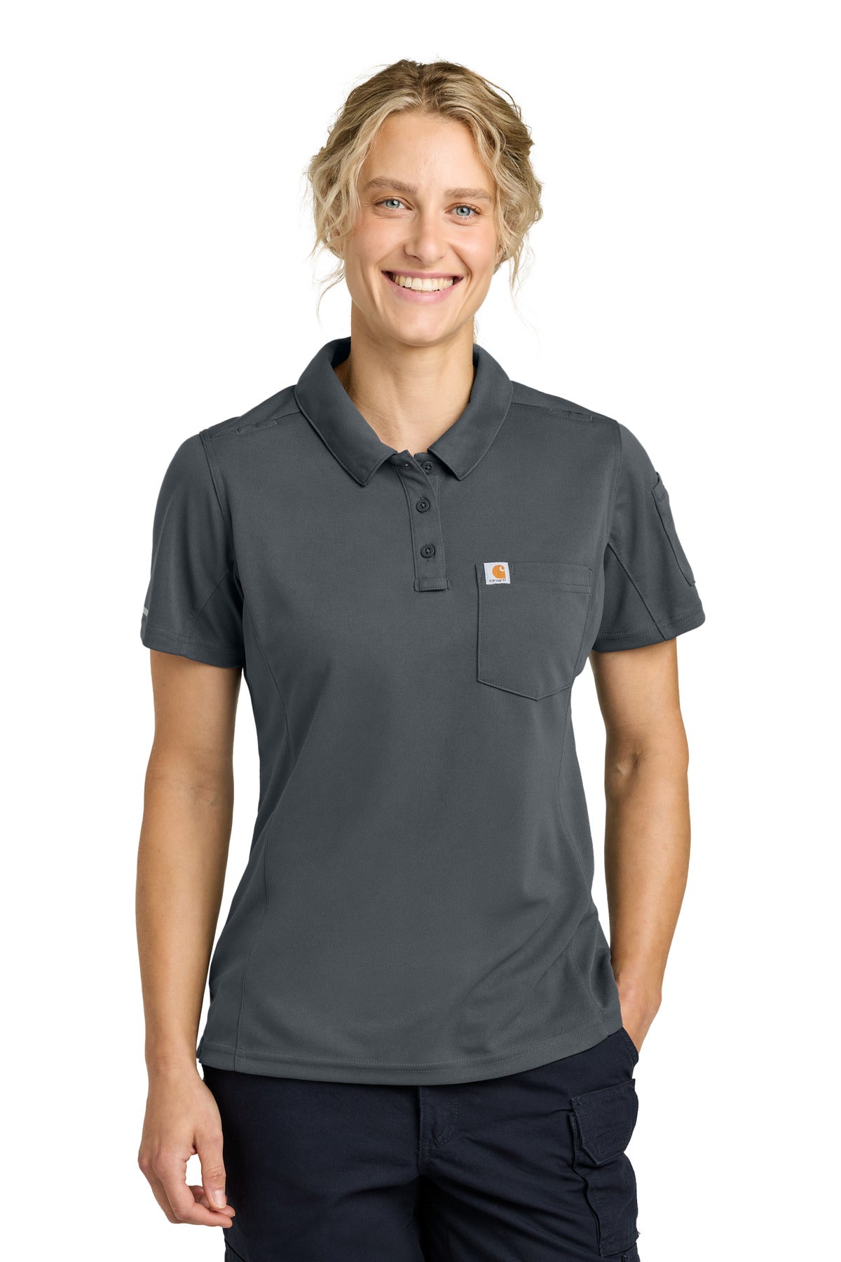 Carhartt women's FLD & RSCU polo shirt in pewter, front view showing collar and fit, casual workwear style.