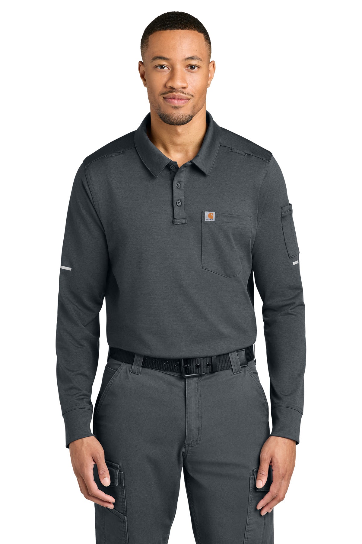Carhartt long sleeve polo in pewter, front view showing classic collar and button placket, made with durable CTC16129 fabric.