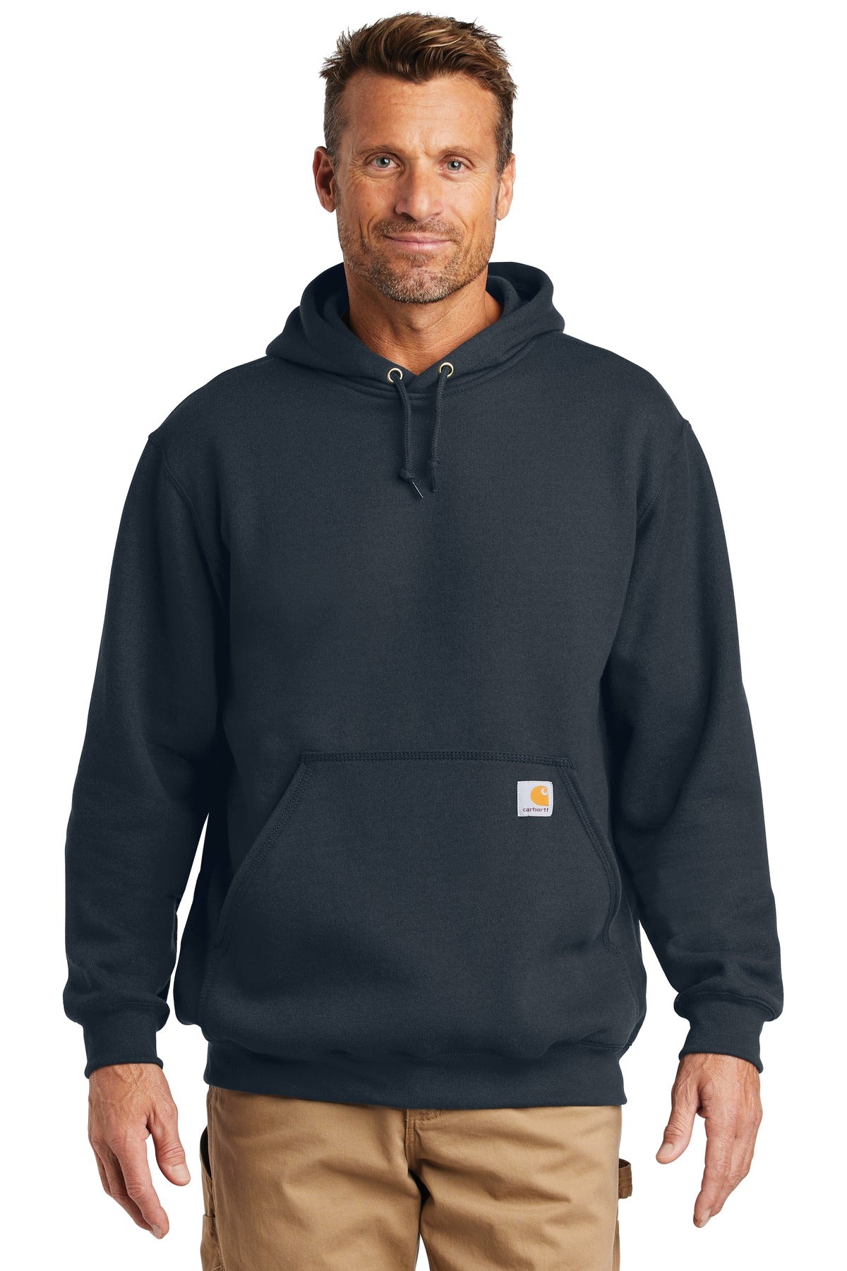 Carhartt midweight hooded sweatshirt in navy, front view showing classic design and adjustable hood.