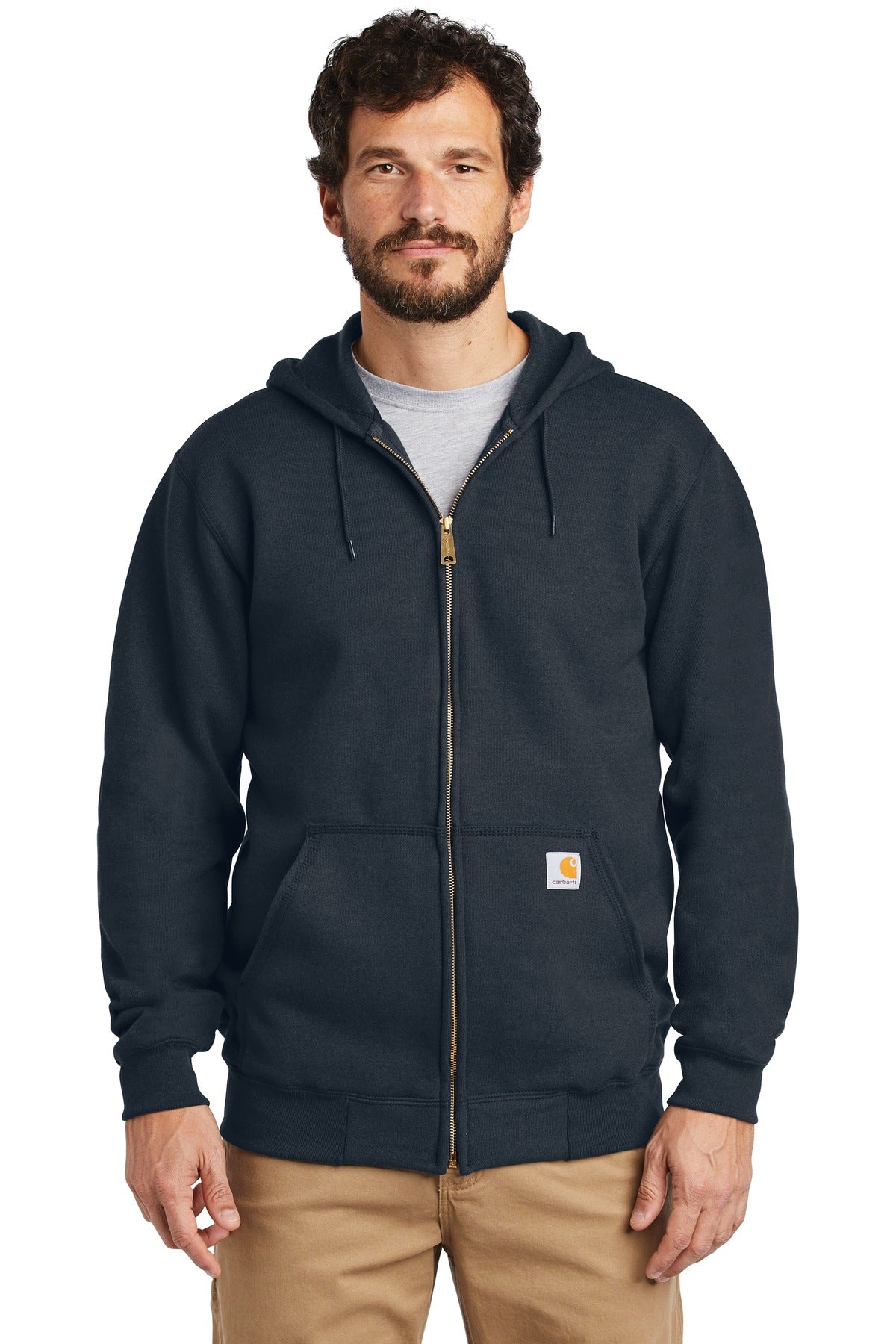 Carhartt midweight hooded zip-front sweatshirt in navy, worn by a model, showcasing front view and zip closure.