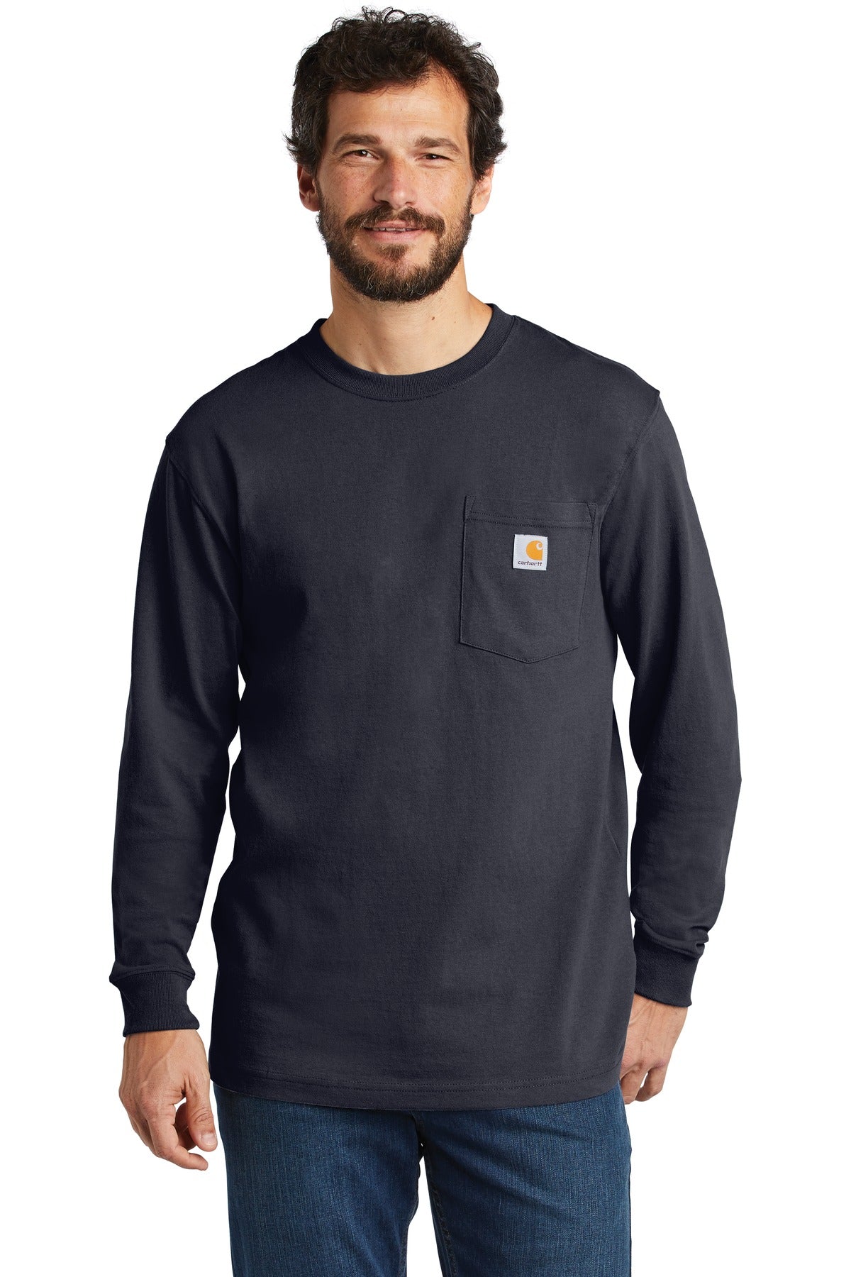 Navy Carhartt Workwear Pocket Long Sleeve T-Shirt worn by a model, front view, showcasing the chest pocket and classic fit.