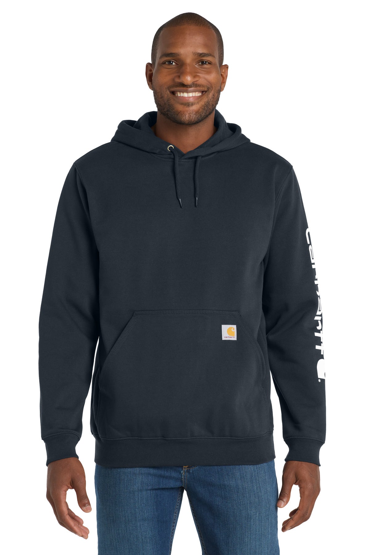 Carhartt midweight hooded logo sweatshirt in navy, front view showing the brand logo on the chest and comfortable fit.