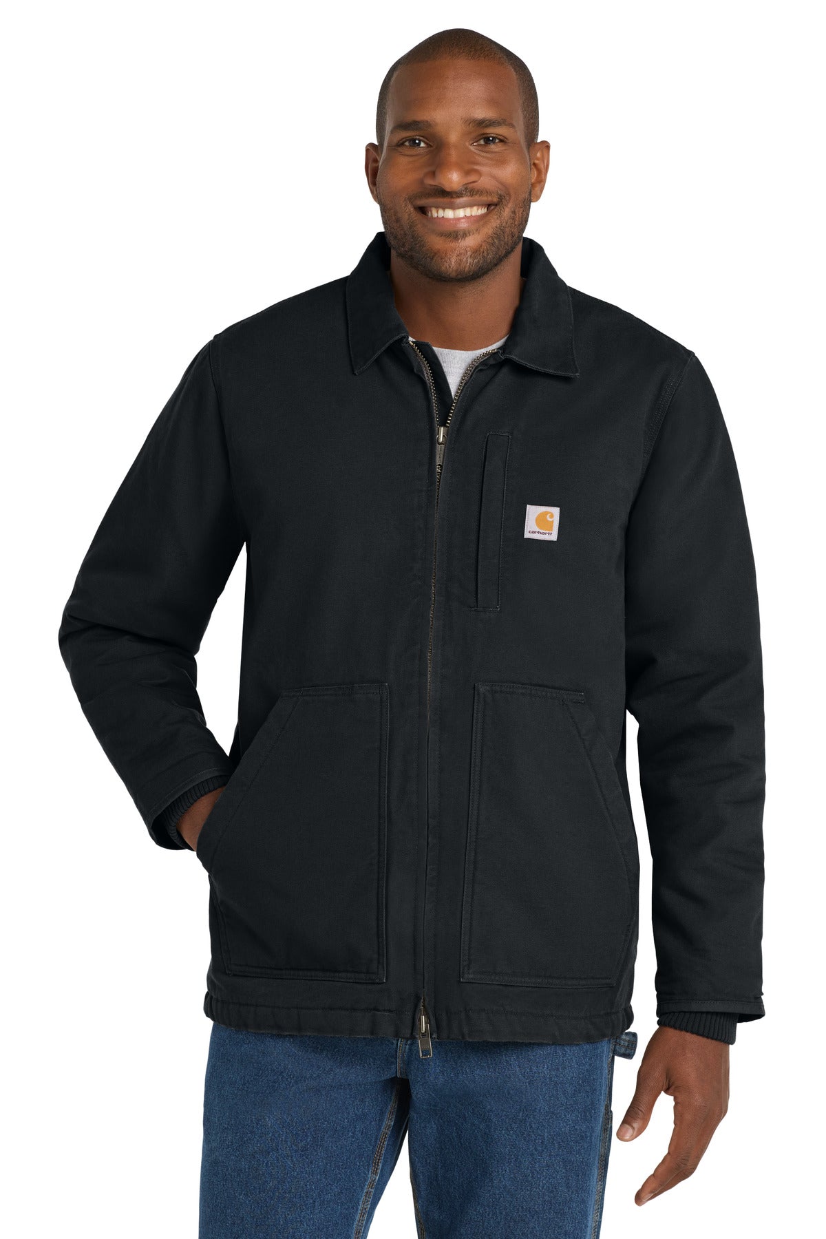 Black Carhartt Tall Sherpa-Lined Coat CTT104293 displayed on a model from the front view. Warm, durable winter outerwear.