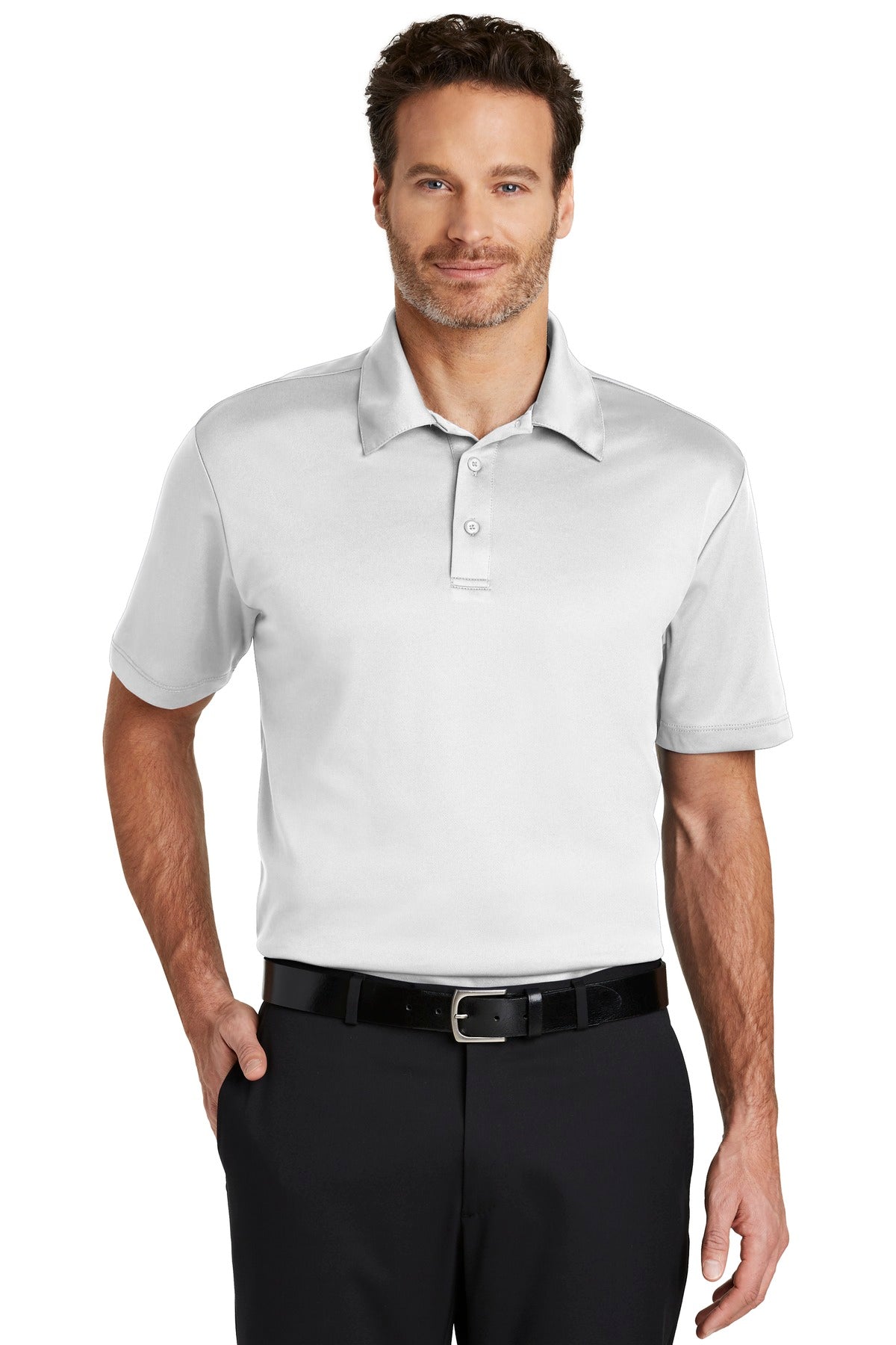 White Port Authority Silk Touch™ Performance Polo shirt front view on a model.